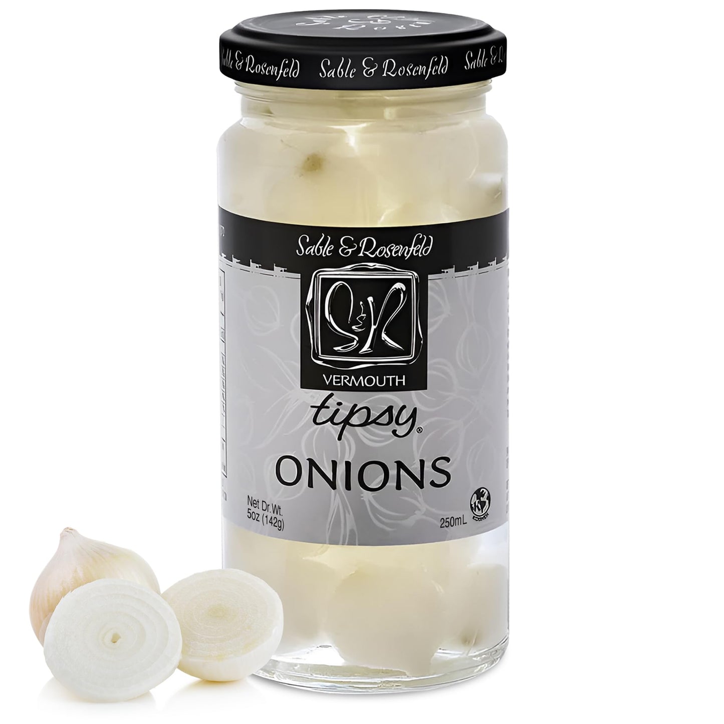 Tipsy Cocktail Onions in Jar with French Vermouth - Pickled Silverskin Onions for Cocktails, Appetizers, and Hors dOeuvres, Kosher Parve - Sable & Rosenfeld - 5 oz - Pack 1