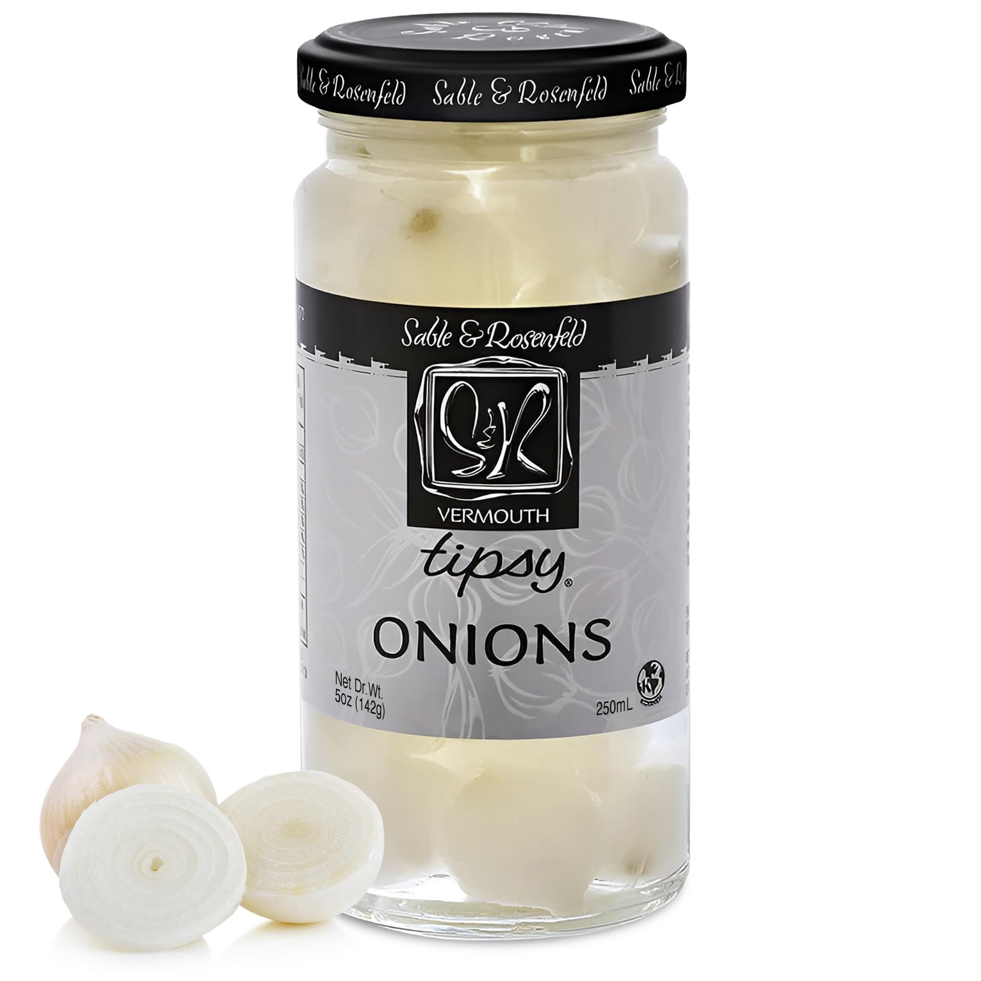 Tipsy Cocktail Onions in Jar with French Vermouth - Pickled Silverskin Onions for Cocktails, Appetizers, and Hors dOeuvres, Kosher Parve - Sable & Rosenfeld - 5 oz - Pack 1