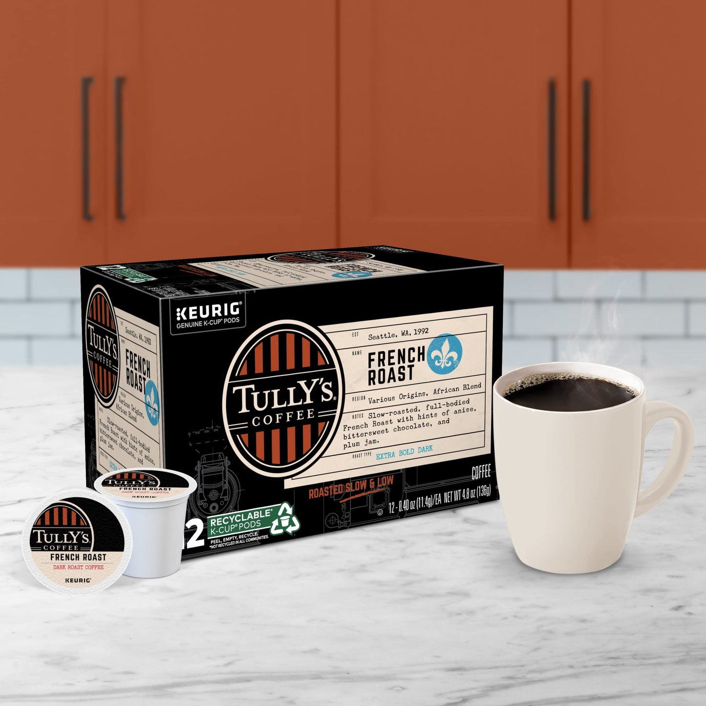 Tully s Coffee French Roast Keurig Single-Serve K-Cup Pods, Dark Roast Coffee, 72 Count
