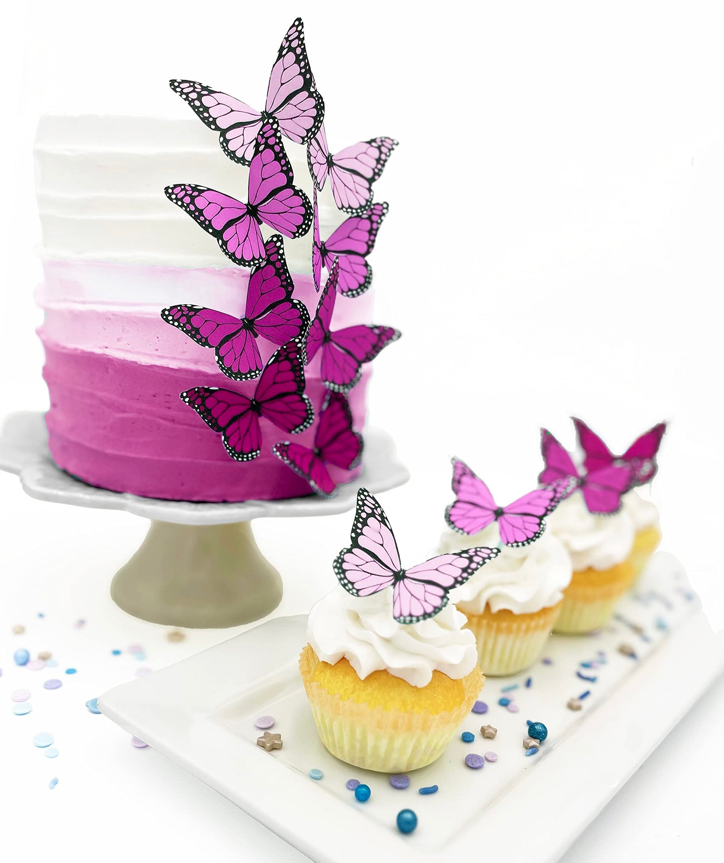 Sugar Robot Edible Butterflies Cake Toppers - Ombre Monarch - 2.5x2.5 - Pink - Premium Crafted in the USA