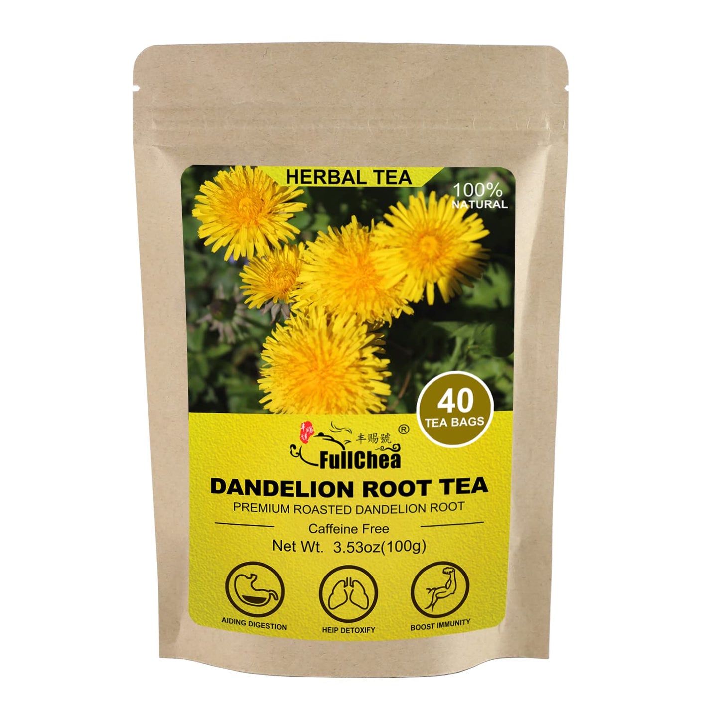 FullChea Dandelion Root Tea Bags - Caffeine-free Herbal Detox Tea, 40 Count, Non-GMO, Improves Digestion & Immune System