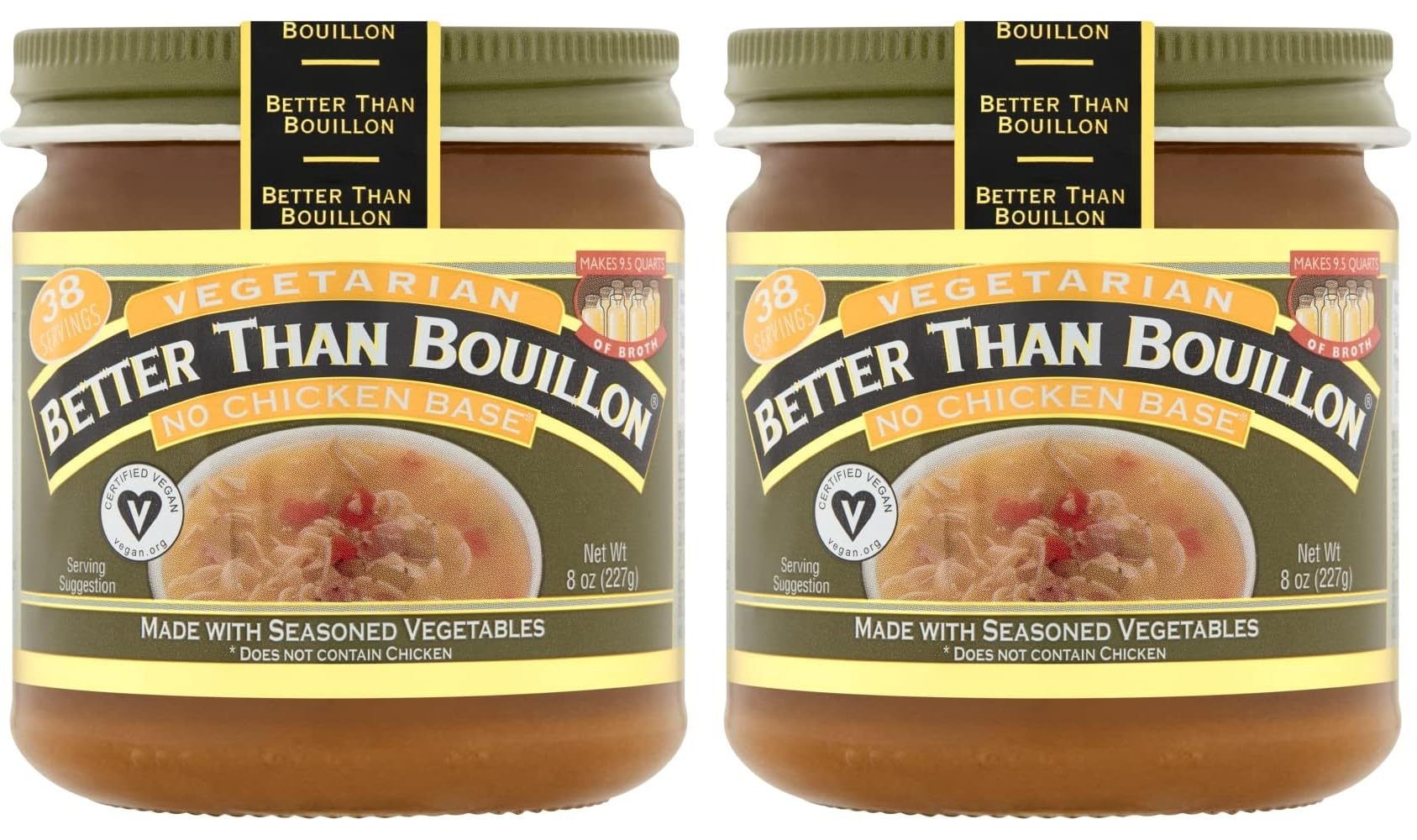 Better Than Bouillon Vegetarian No Chicken Base, 8 OZ Jar (Pack of 2), Certified Vegan, Makes 9.5 Quarts of Broth
