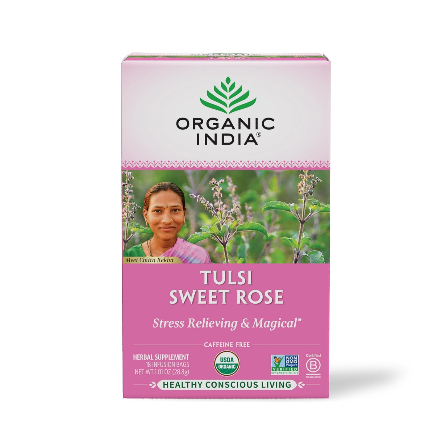 Organic India Tulsi Sweet Rose Herbal Tea - Holy Basil  Stress Relieving & Magical  Immune Support  Adaptogen  Vegan  USDA Certified Organic  Non-GMO  Caffeine-Free - 18 Infusion Bags  1 Pack