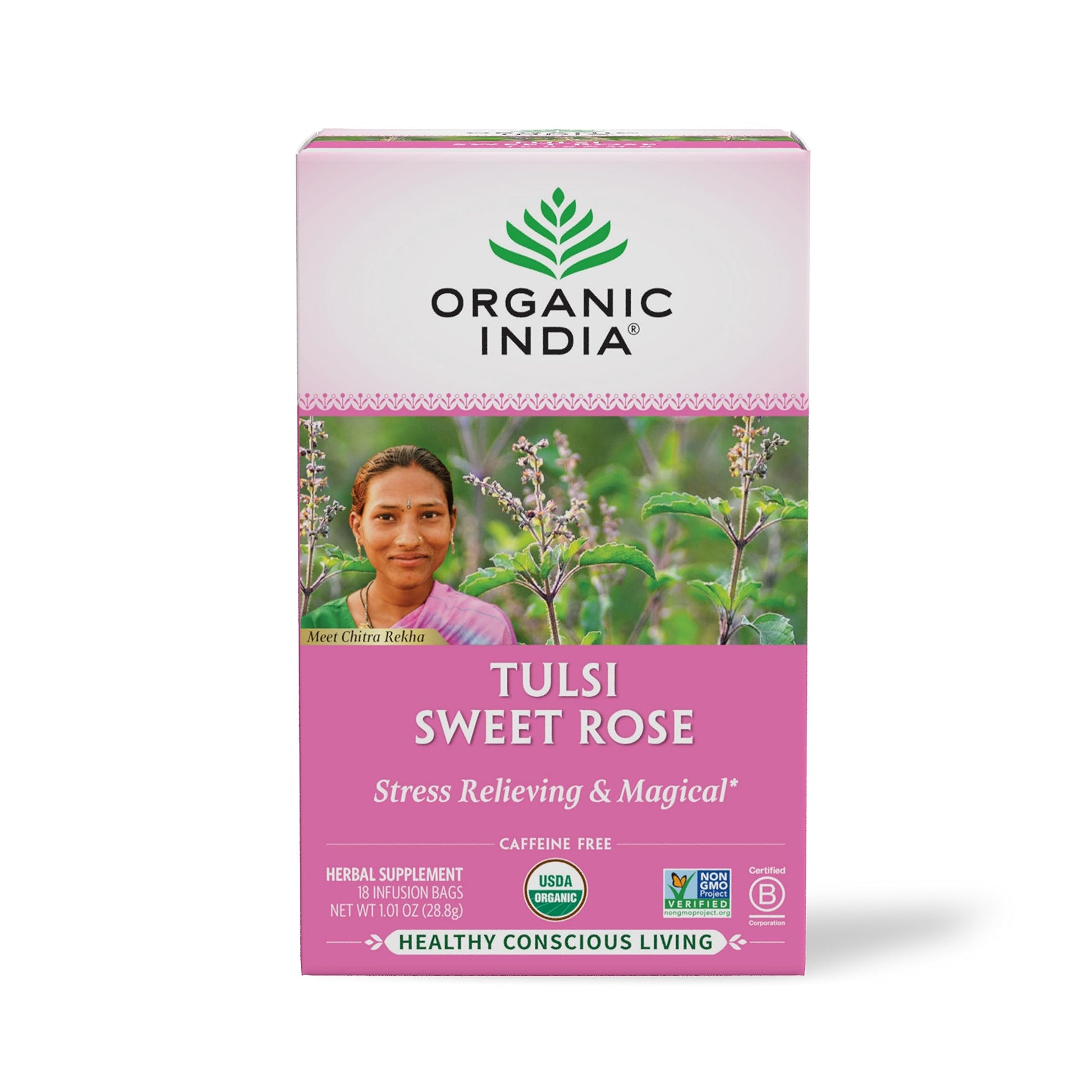 Organic India Tulsi Sweet Rose Herbal Tea - Holy Basil  Stress Relieving & Magical  Immune Support  Adaptogen  Vegan  USDA Certified Organic  Non-GMO  Caffeine-Free - 18 Infusion Bags  1 Pack