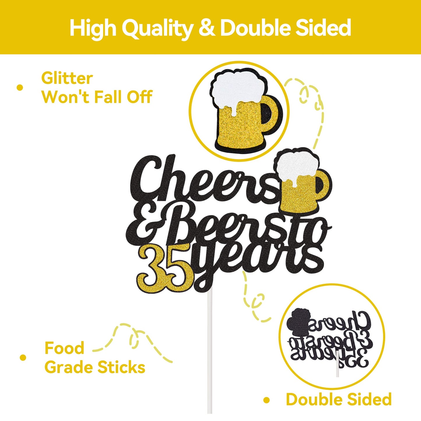 Joymee Cheers to 35 Years Cake Topper, Black and Gold Glitter, Double Sided