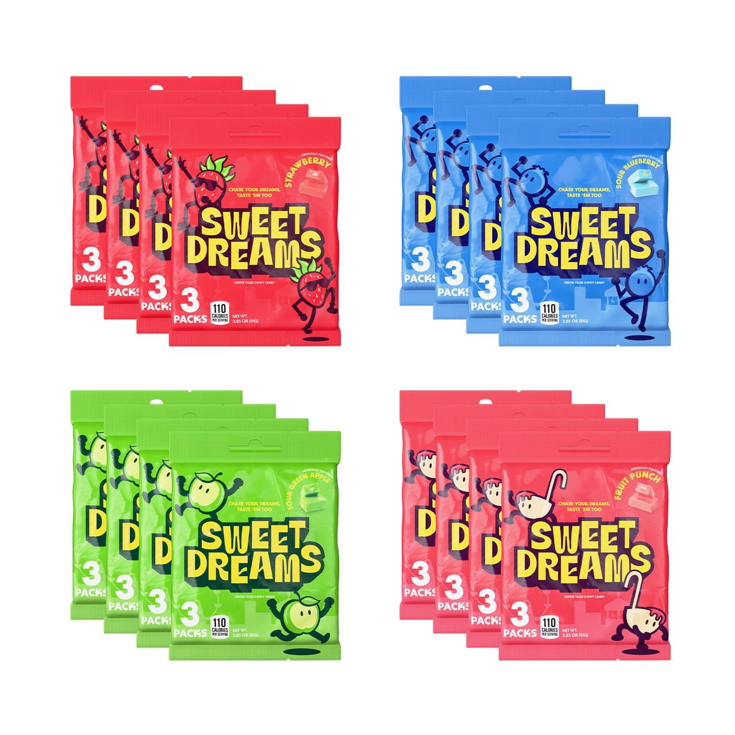 Sweet Dreams Center Filled Soft Chewy Candy Individually Wrapped  Gluten-Free Candies  Bulk Fruit Chews - Variety Pack [4 Of Each Flavor] - 3 Sticks Per Bag  8 Pieces Per Stick- 384 Total Pieces