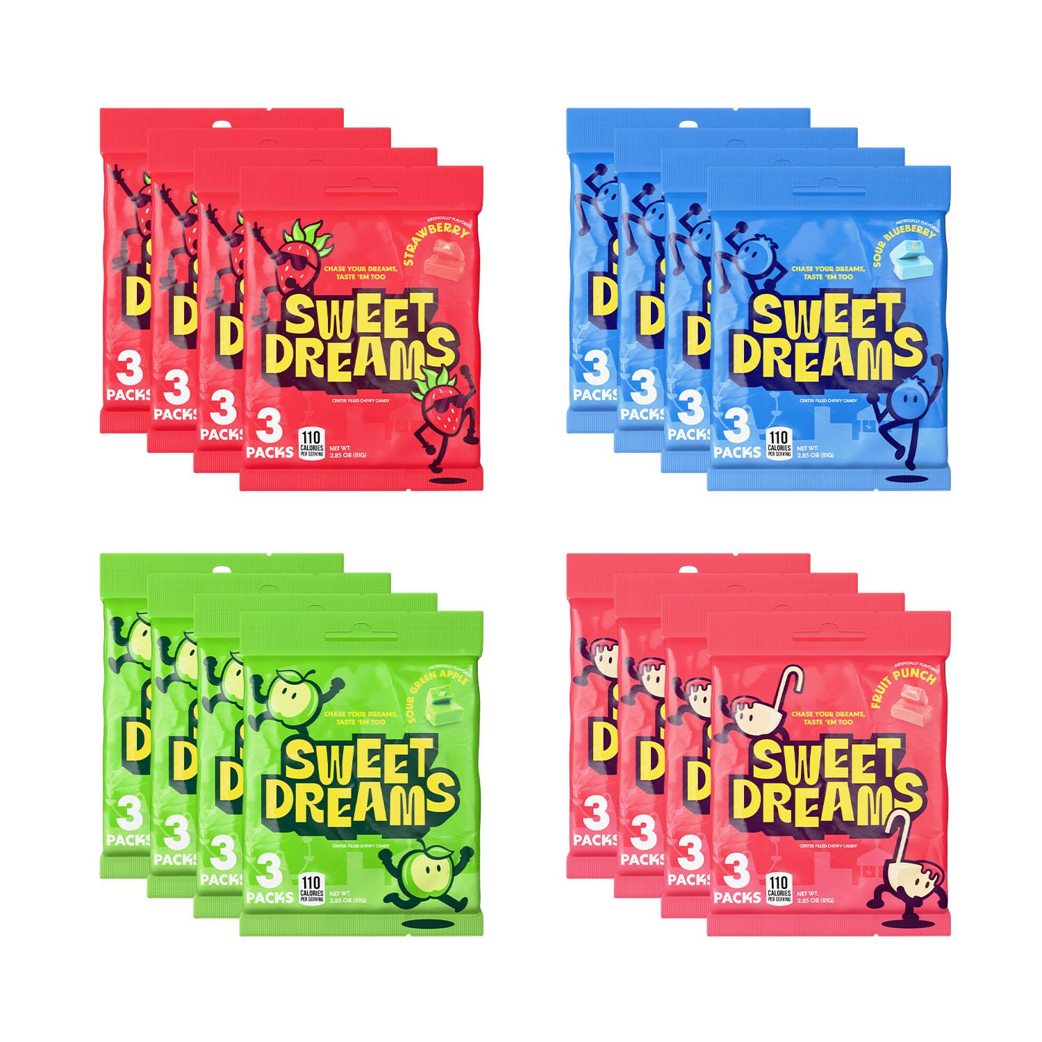 Sweet Dreams Center Filled Soft Chewy Candy Individually Wrapped  Gluten-Free Candies  Bulk Fruit Chews - Variety Pack [4 Of Each Flavor] - 3 Sticks Per Bag  8 Pieces Per Stick- 384 Total Pieces