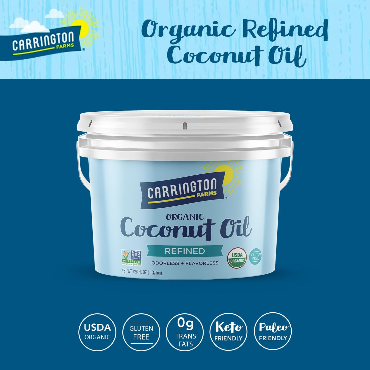 Carrington Farms Organic Refined Coconut Oil - Gluten Free, Non-GMO, 128 Fl Oz