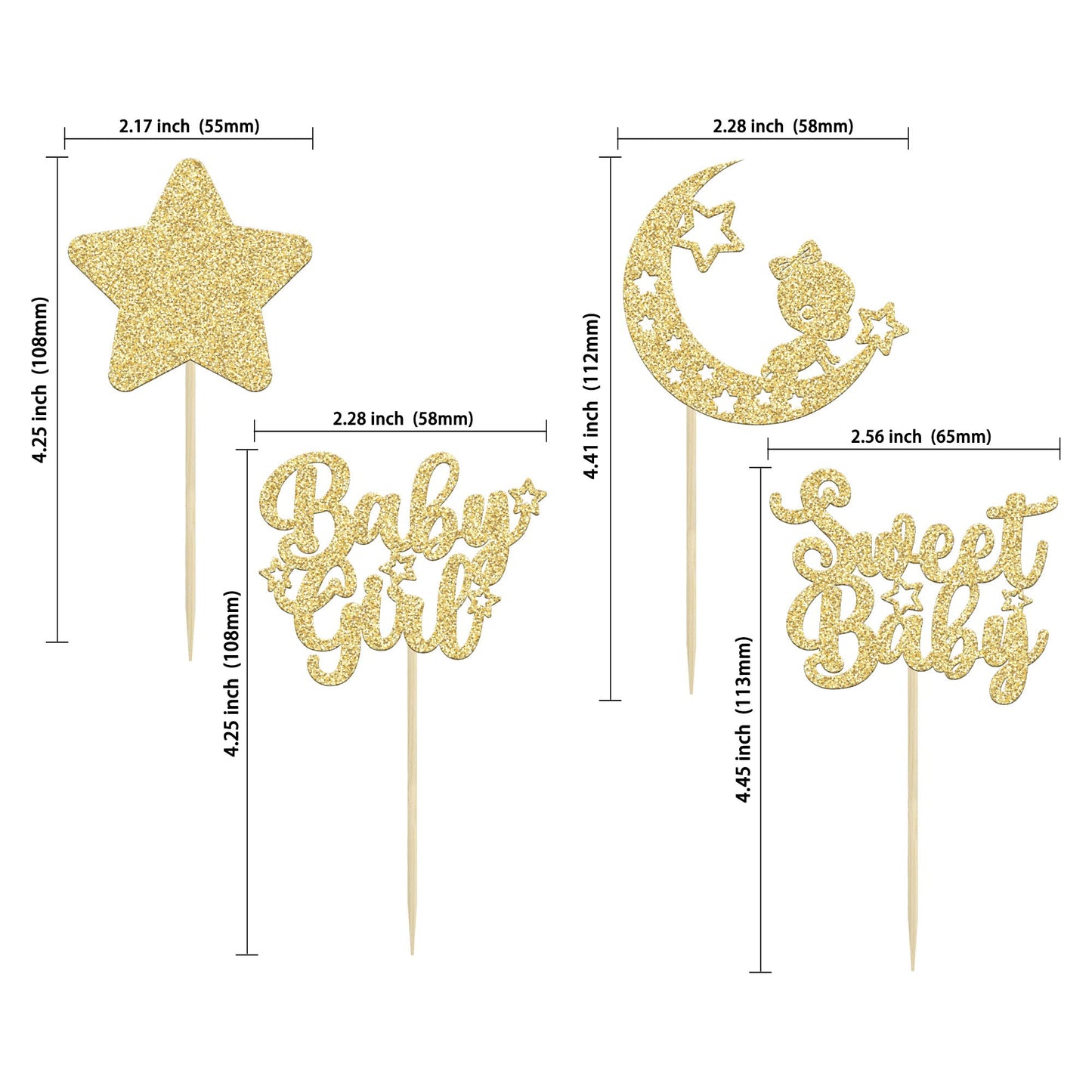 Gyufise 24Pcs Gold Glitter Baby Girl Cupcake Toppers Star Moon Sweet Baby Shower Cupcake Picks Decorations Baby Shower Girls Bir