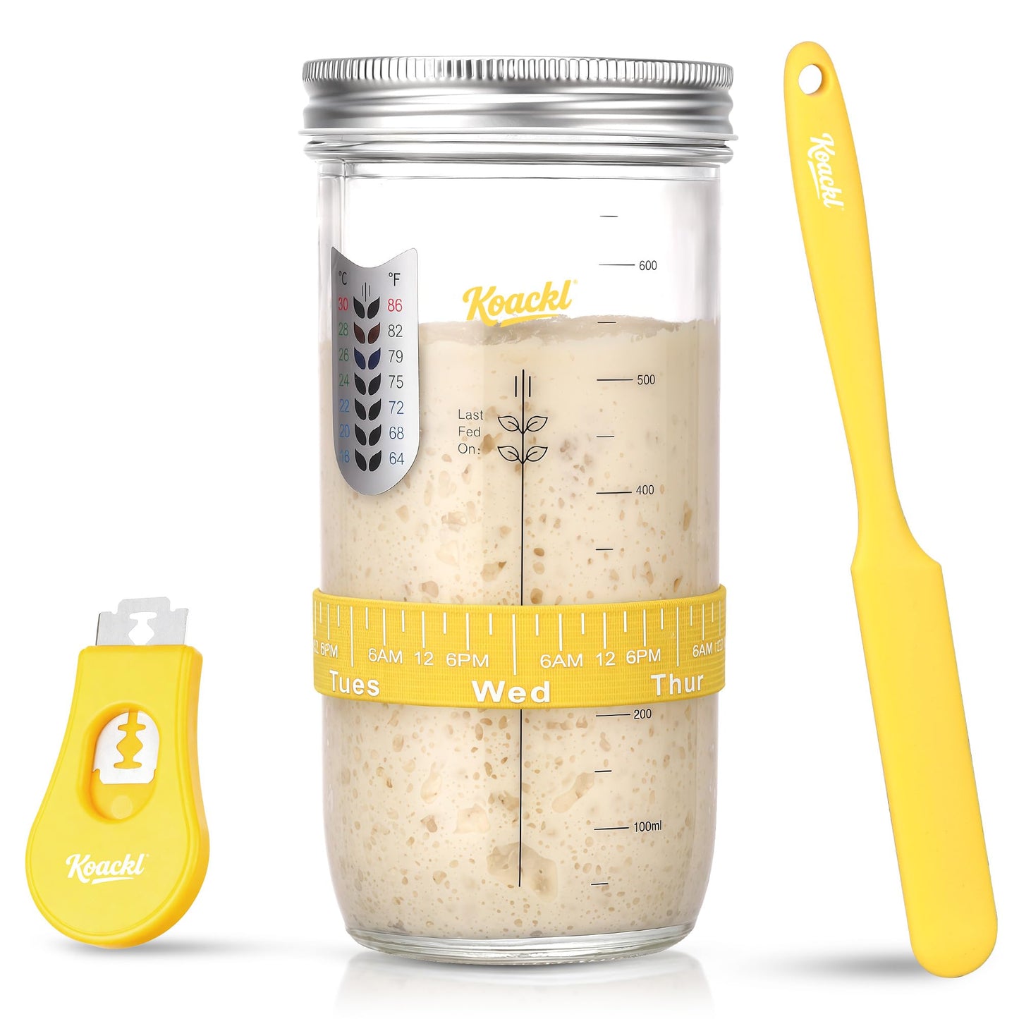 Koackl Sourdough Starter Kit, 24oz Sourdough Starter Jar with Magnetic Bread Lame, Thermometer, Long Scraper, Cloth Cover & Lid 