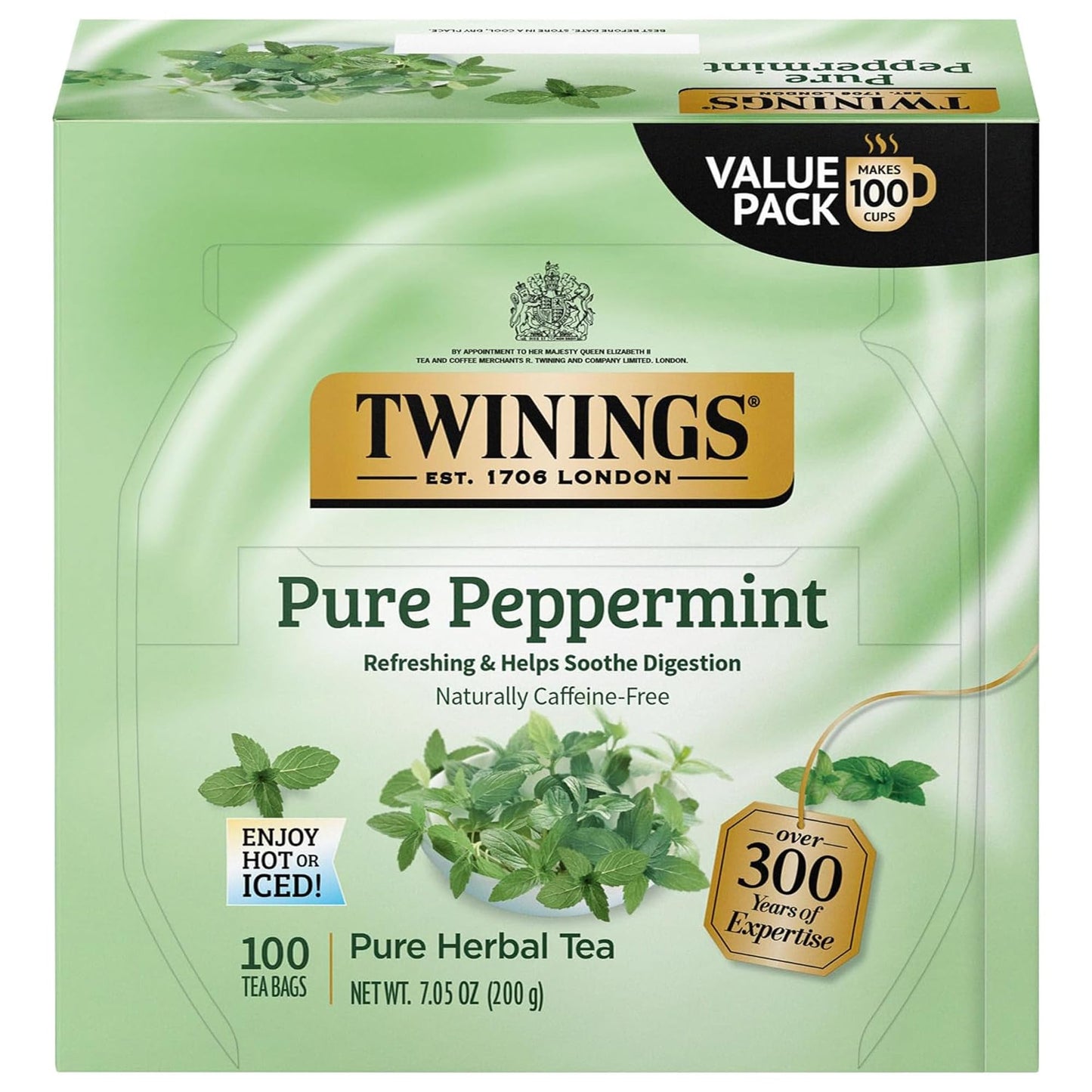 Twinings Pure Peppermint Tea Bags, 100 Count, Naturally Caffeine Free, Fresh Minty Flavor