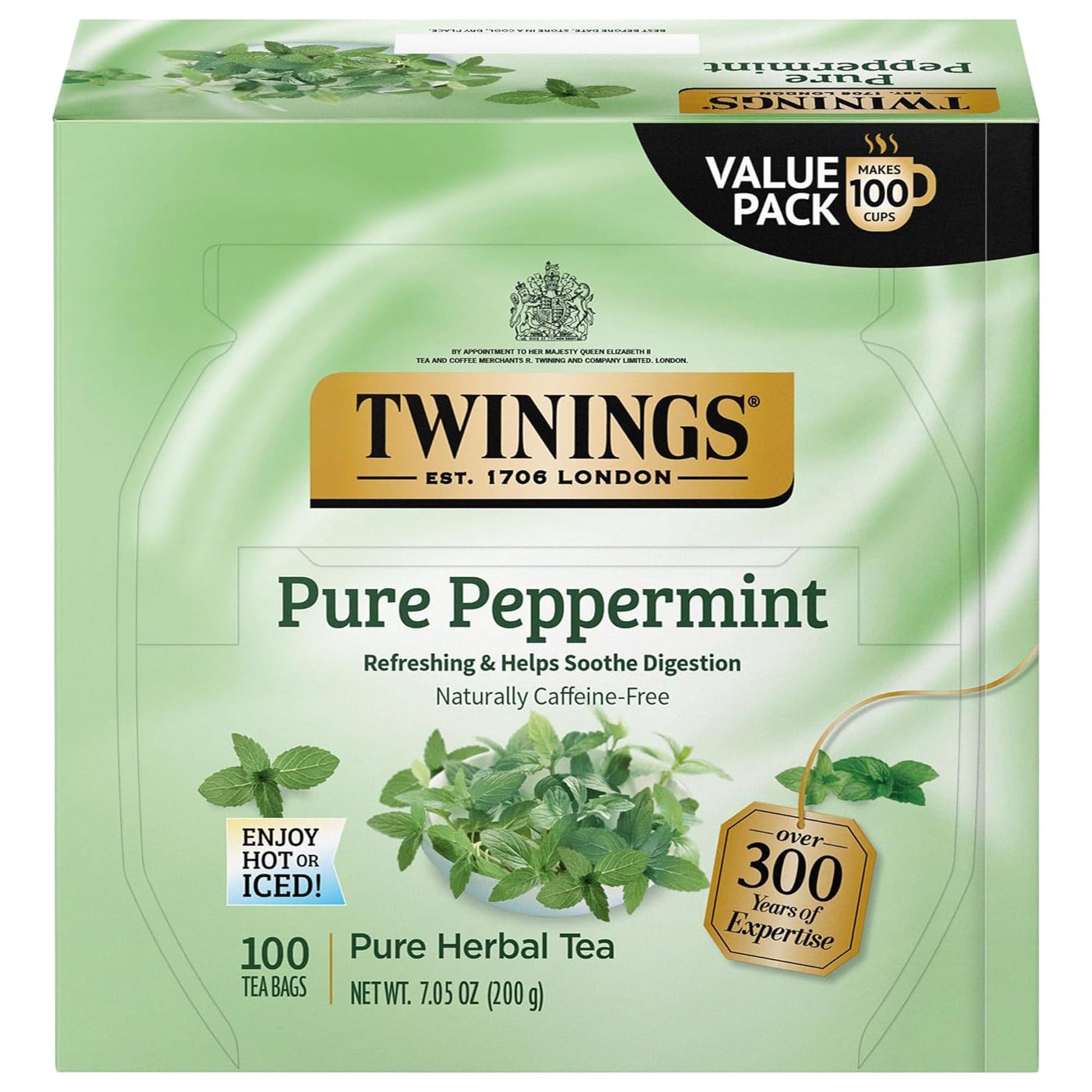 Twinings Pure Peppermint Tea Bags, 100 Count, Naturally Caffeine Free, Fresh Minty Flavor
