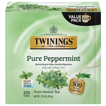 Twinings Pure Peppermint Tea Bags, 100 Count, Naturally Caffeine Free, Fresh Minty Flavor