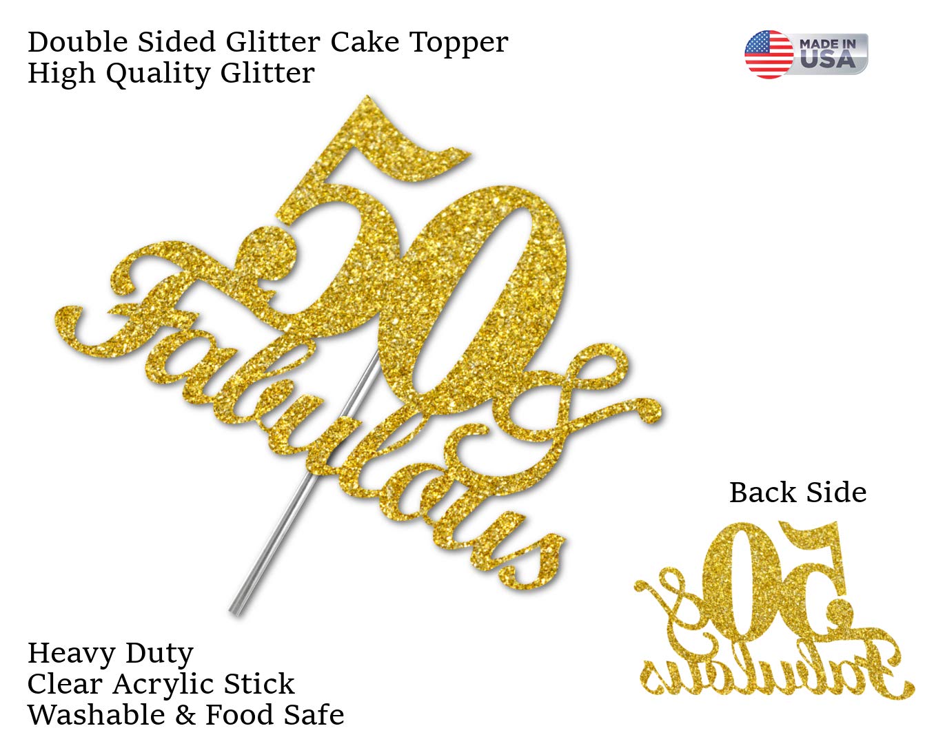 RokAPary 50 & Fabulous Cake Topper, Gold Glitter, Double-Sided, Premium Quality, Model RCTF