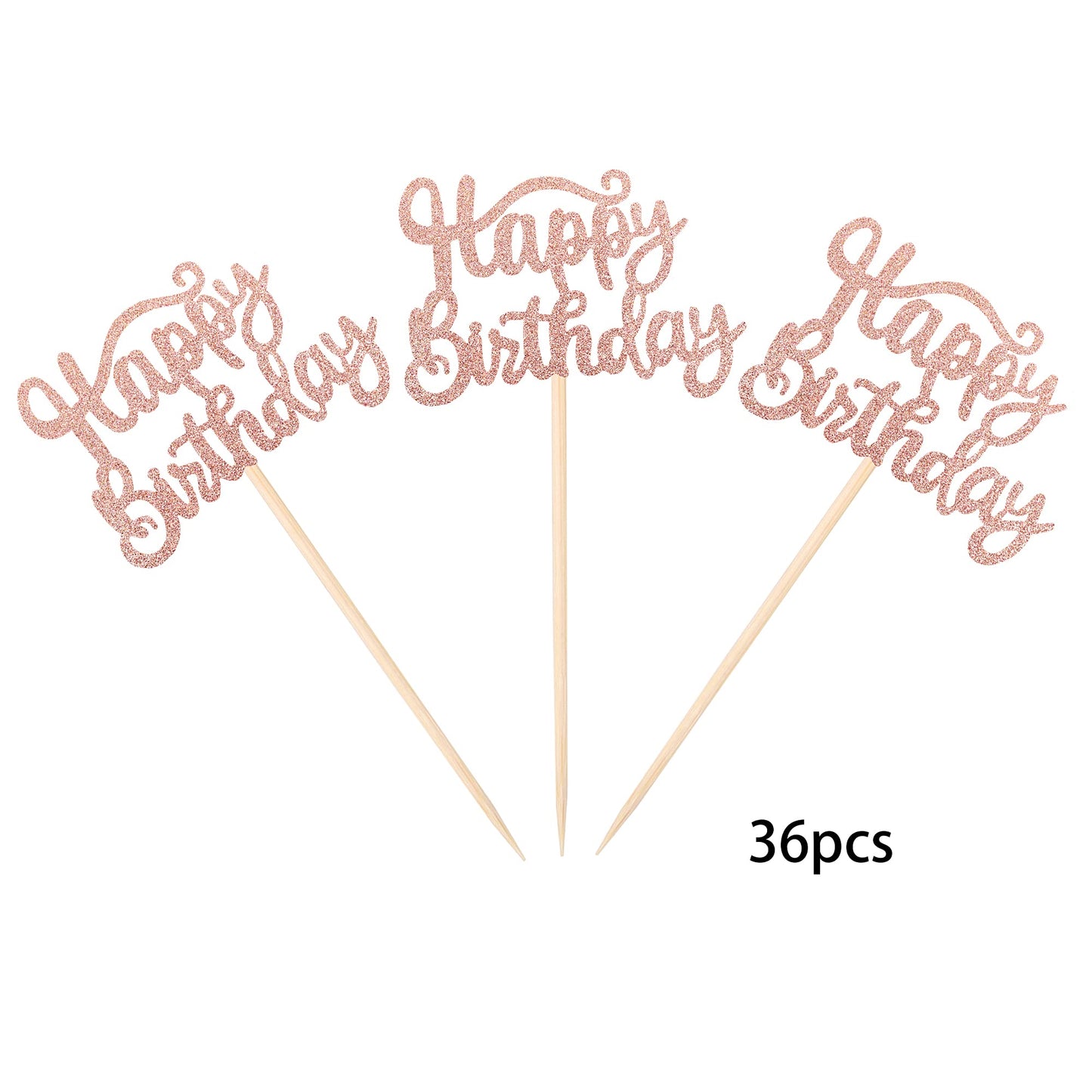 36 Pcs Happy Birthday Cupcake Toppers Glitter Birthday Cupcake Picks Celebrating Birthday Party Cake Decorations Supplies Rose G