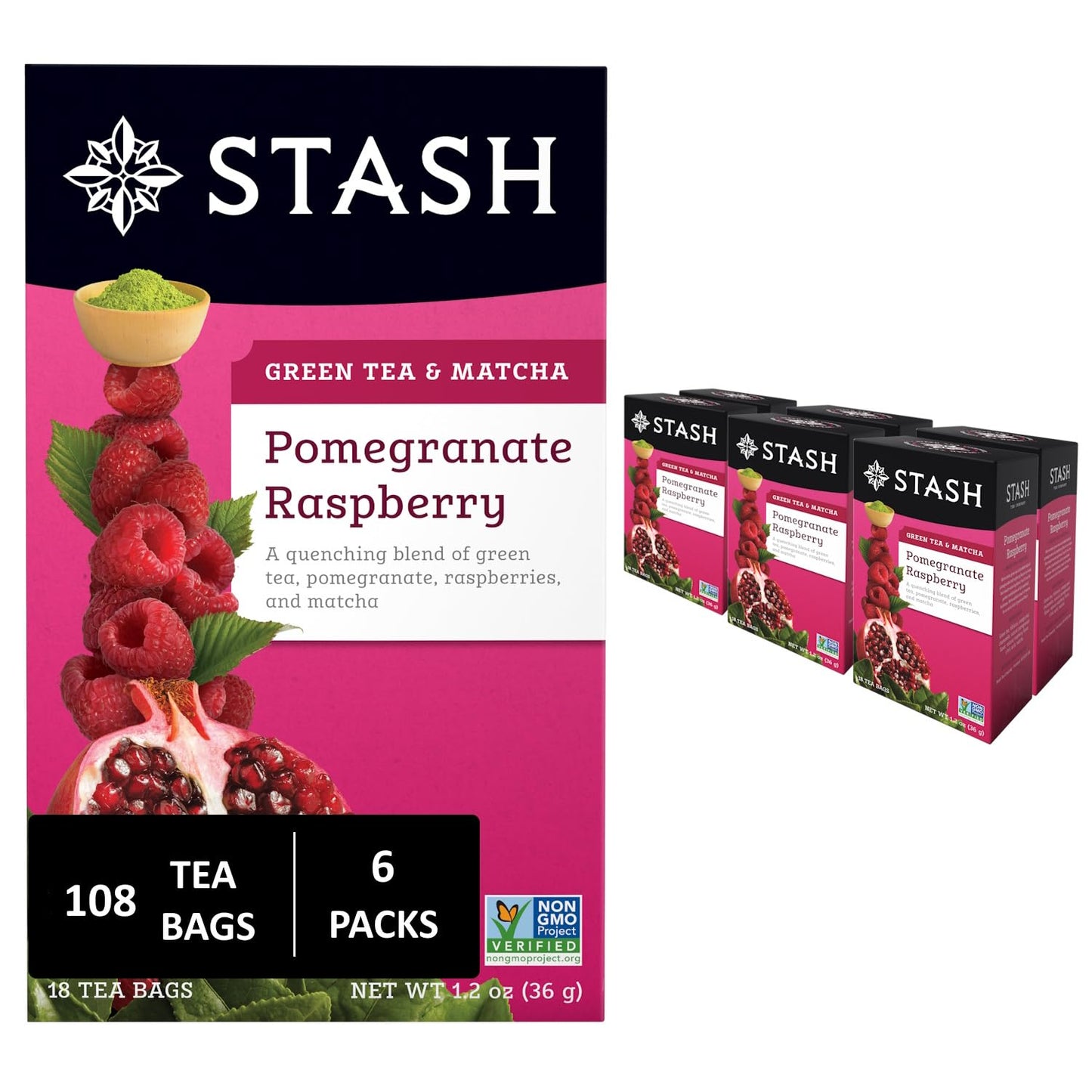 Stash Tea Pomegranate Raspberry & Matcha Green Tea - Caffeinated, Non-GMO Project Verified enhanced Tea with No Artificial Ingredients, 18 Count (Pack of 6) - 108 Bags Total