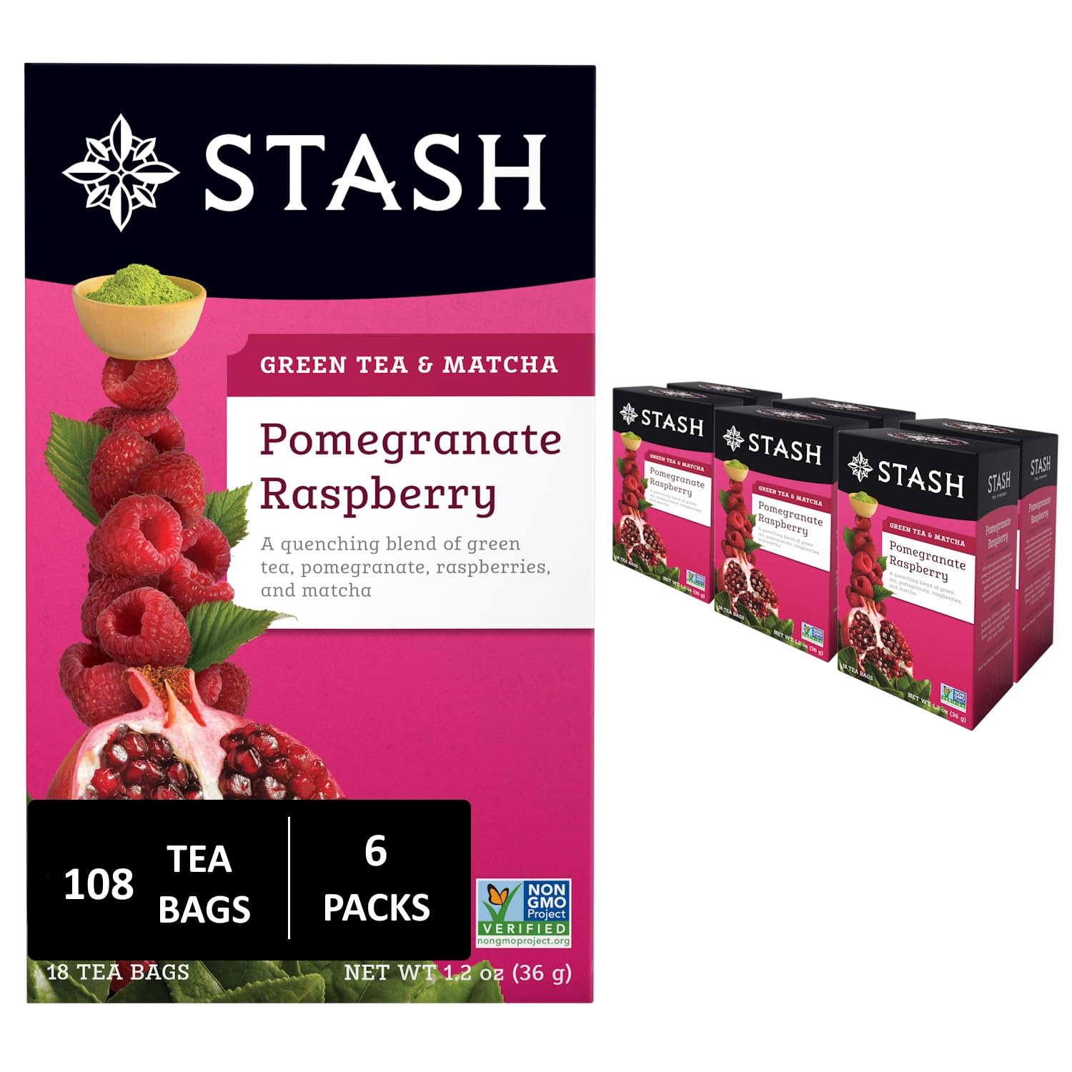 Stash Tea Pomegranate Raspberry & Matcha Green Tea - Caffeinated, Non-GMO Project Verified enhanced Tea with No Artificial Ingredients, 18 Count (Pack of 6) - 108 Bags Total