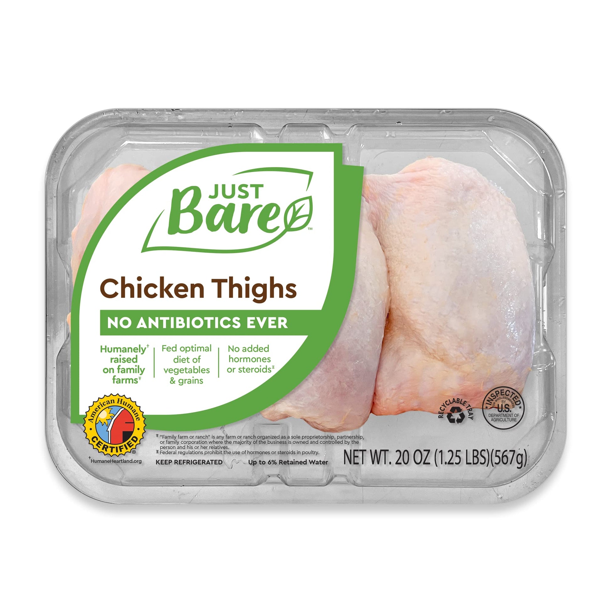 Just Bare Natural Fresh Chicken Thighs | No Antibiotics Ever | Bone-In | 1.25 LB