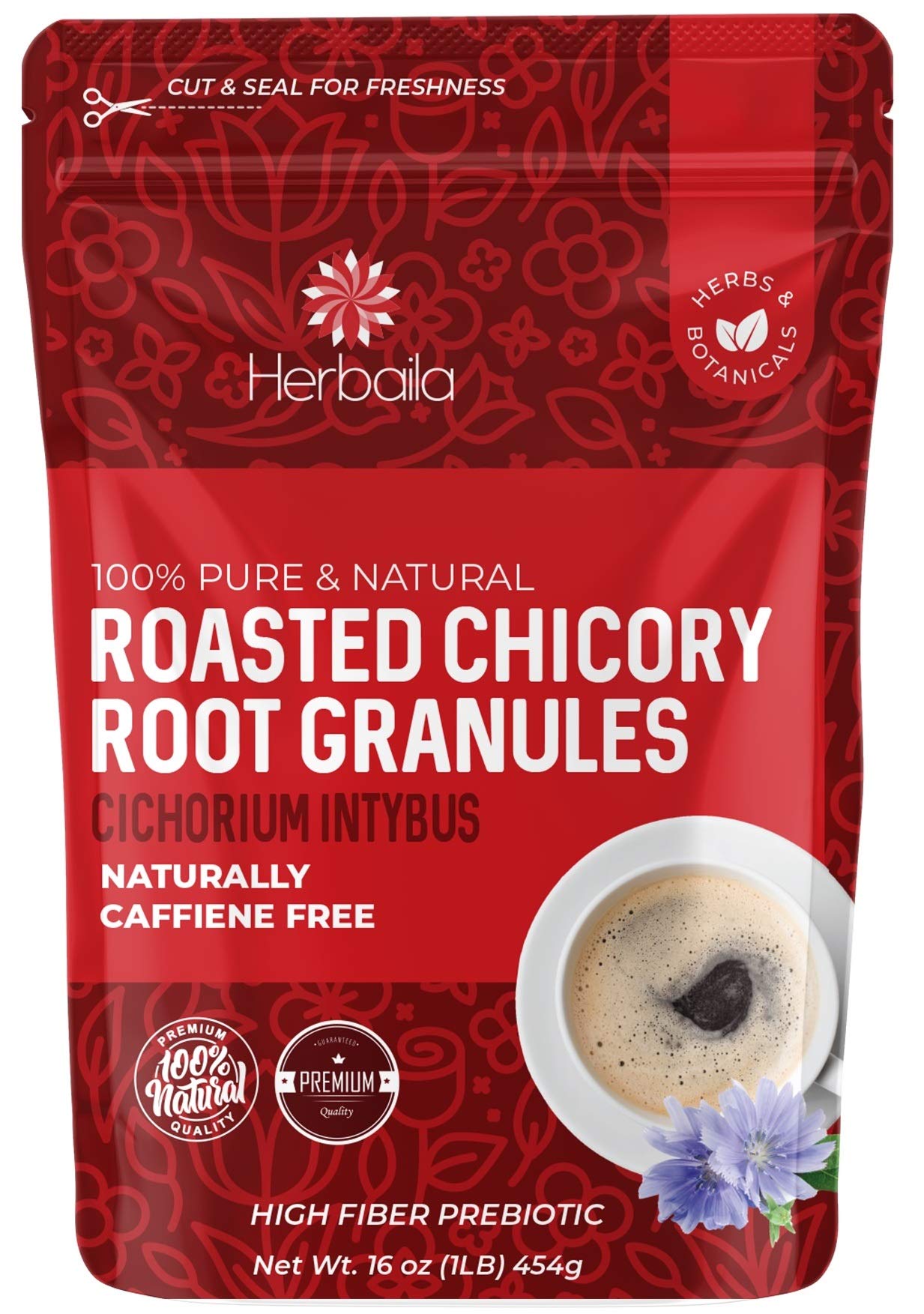 Herbaila Chicory Root Granules, Caffeine Free, Prebiotic Dietary Fiber, 1 Pound