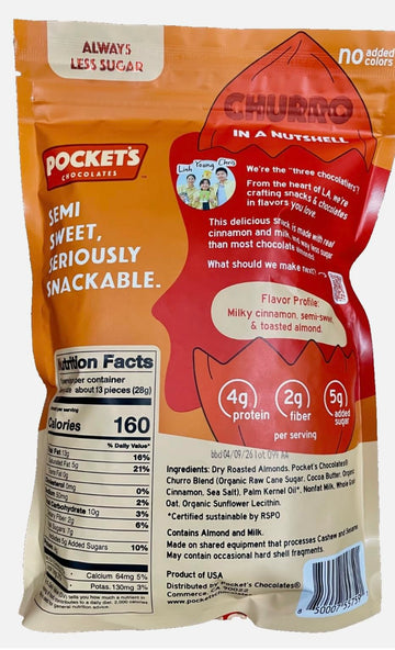 Pockets Chocolates Churro Coated Dry Roasted Almonds, 16 oz, Real Cinnamon, Large Size