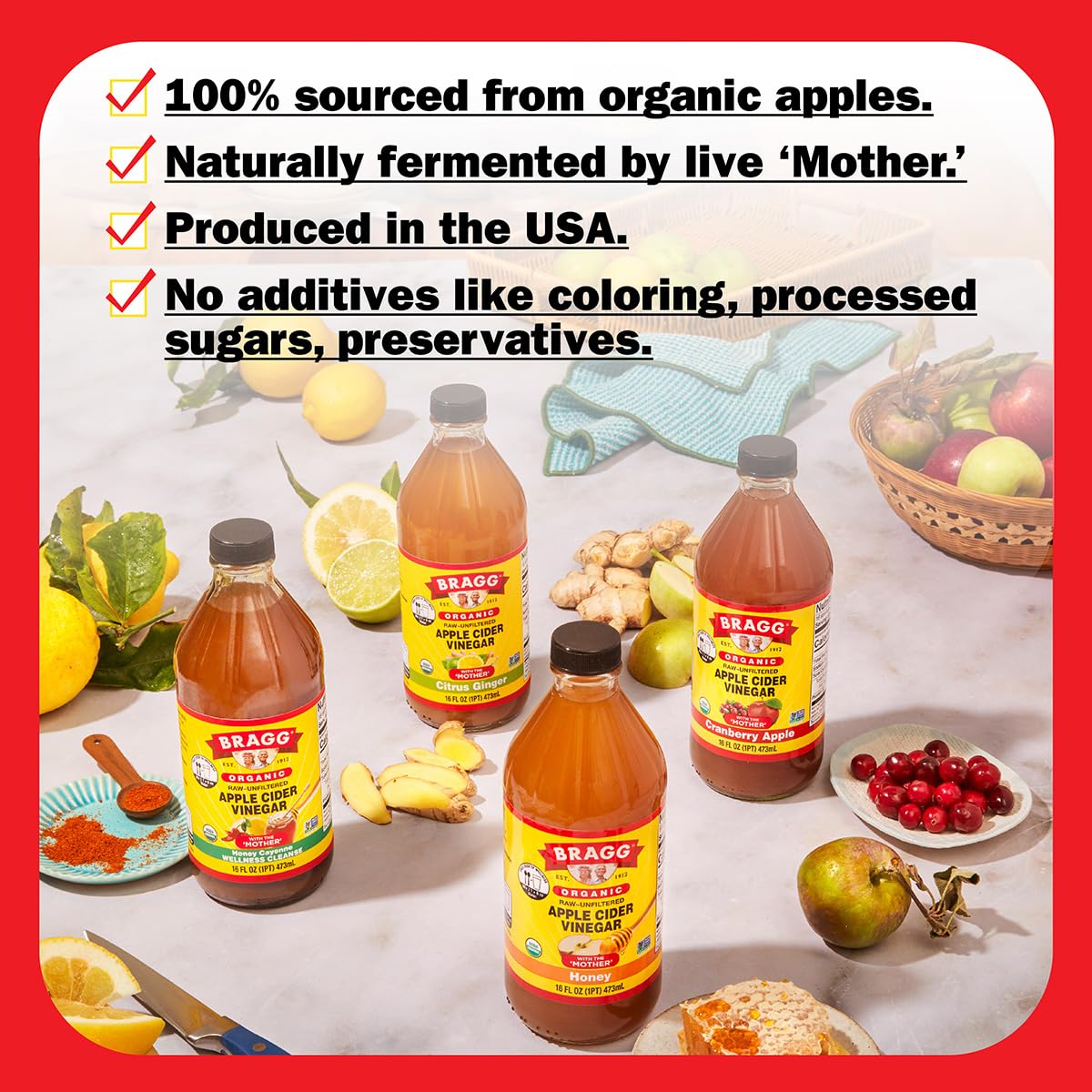 Bragg Organic Apple Cider Vinegar with Honey & Cayenne, 32 Fl Oz, Raw & Unfiltered, Vinegar