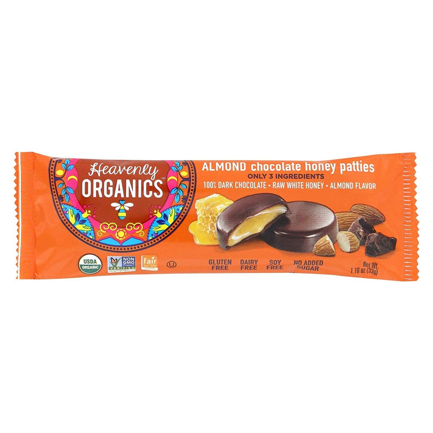 Heavenly Organics Almond Chocolate Honey Patties- 1Box (3 Patties Pack - 16 Per Box ). Made With 100% Organic Cocoa And 100% Org