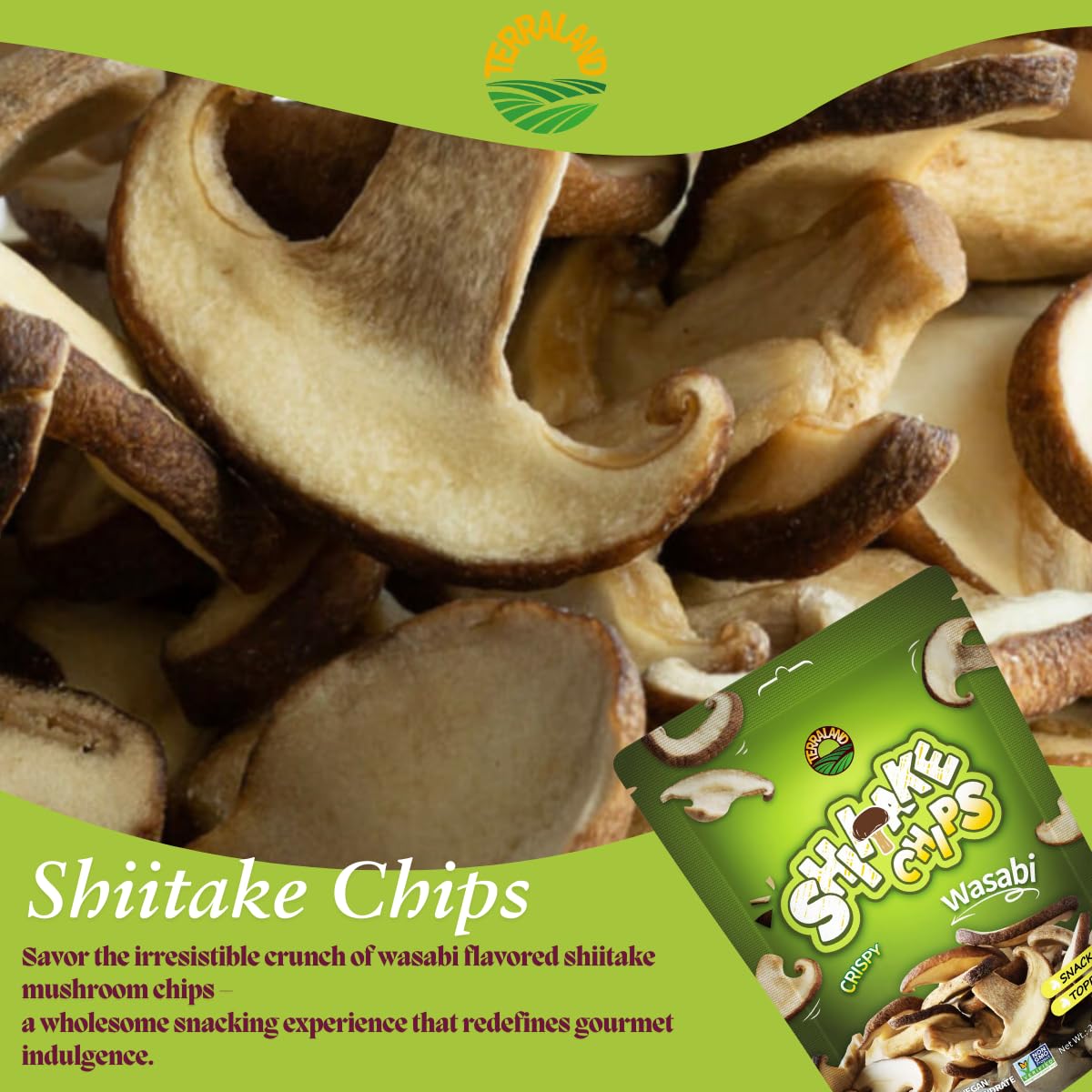 Terraland Shiitake Chips - Wasabi, Crispy & Crunch Mushroom Snack, Non Gmo, Idea As A Standalone Snack, Topping For Salads And S