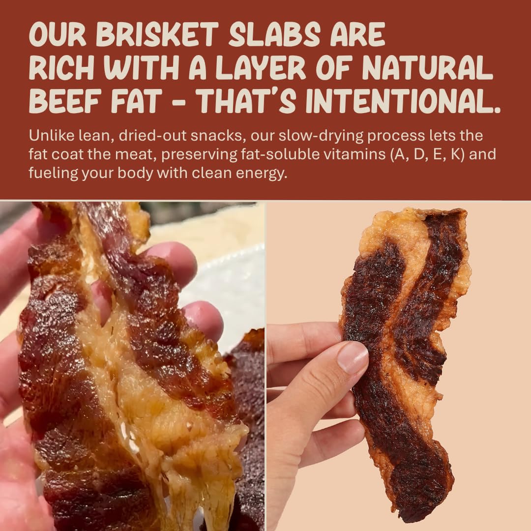 Grazly Beef Brisket Slab - Grass-Fed & Finished | Only Meat & Salt  Soft & Buttery Texture | High-Protein Carnivore Snack | Made from 1lb Raw Brisket | 5oz On-the-Go Snack Pack