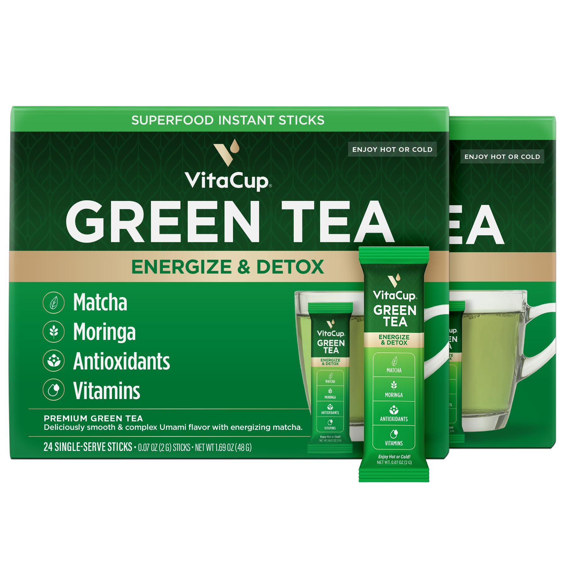 VitaCup Green Tea Instant Packets, Matcha, Moringa, B Vitamins, Fiber, 48 Count