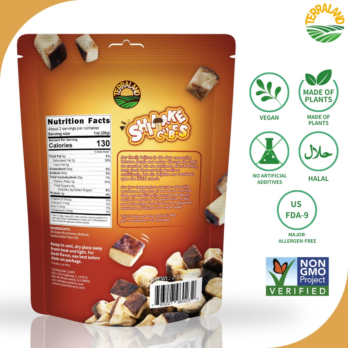 Terraland Shiitake Cube - Original, Crispy & Crunch Mushroom Snack, Non Gmo, Vegan Snack 2.12Oz Bag - Pack Of 2