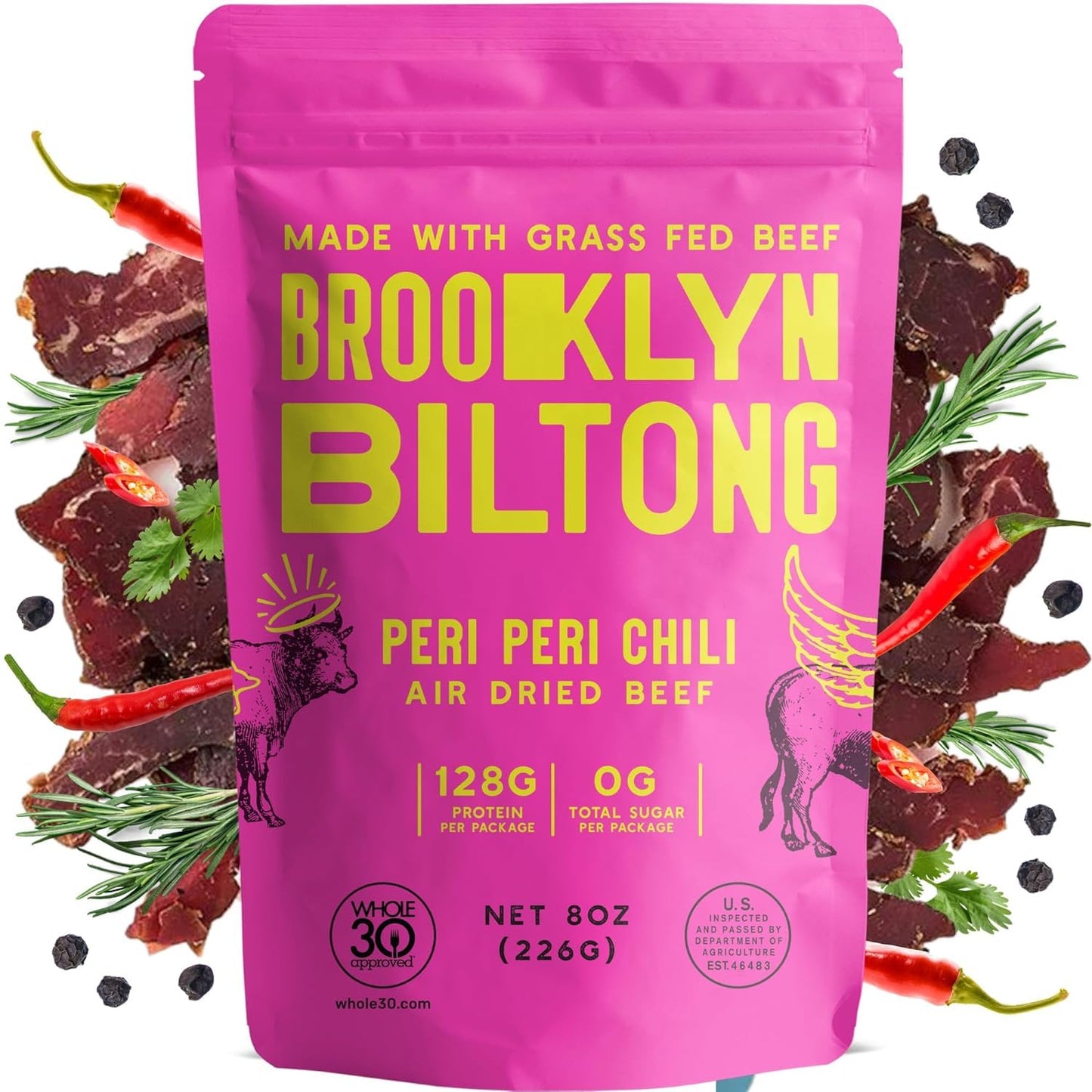 Brooklyn Biltong Air Dried Beef Snack, Whole30 Approved, Keto, Gluten Free, 8 oz Bag, Peri Peri Flavor