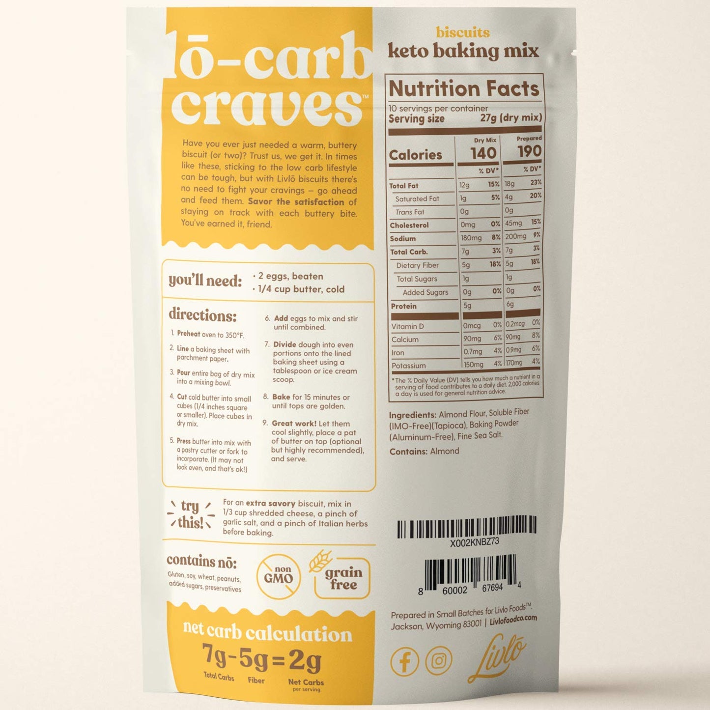 Livlo Keto Biscuit & Bread Mix - Low Carb & Gluten Free Baking Mix - 2G Net Carbs - Fast, Easy And Delicious Keto Friendly Food
