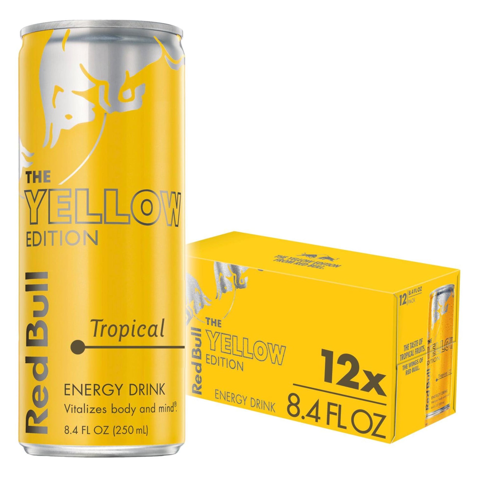 Red Bull Yellow Edition Energy Drink, Tropical, 80mg Caffeine, 8.4 Fl Oz, Pack of 12 Cans