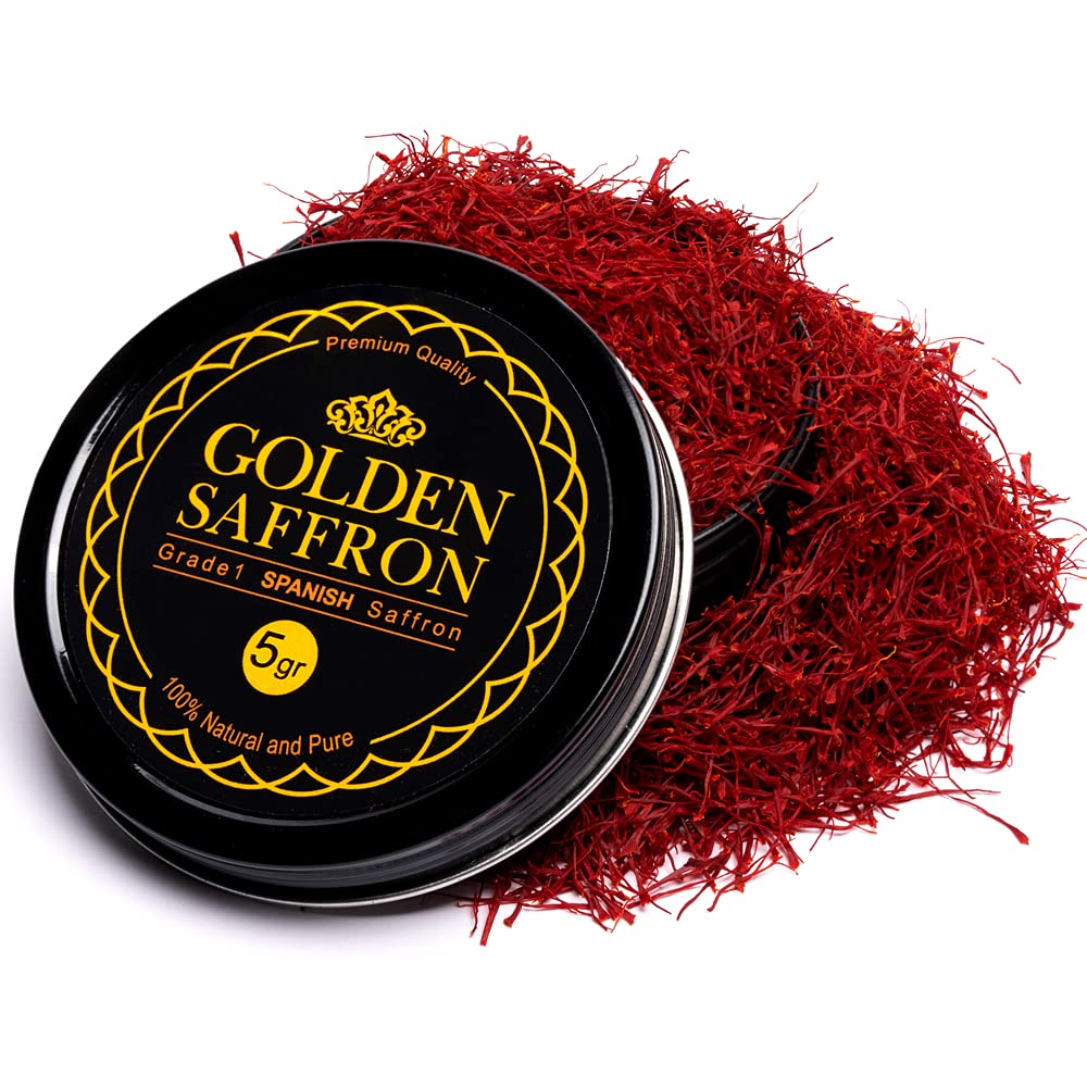 Golden Saffron  Top-Grade Spanish Saffron Threads  Pure Red Spanish Saffron Spice Threads  For Culinary Use Such As Tea  Paella Rice  Risotto  Tachin  Basmati Rice (5 Grams)
