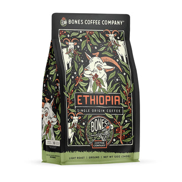 Bones Coffee Company Ethiopia Single-Origin Ground Coffee Beans, Low Acid Coffee, Made With Arabica Coffee Beans, Coffee Lover Gift Ideas, Ground Coffee Light Roast (12 Oz)
