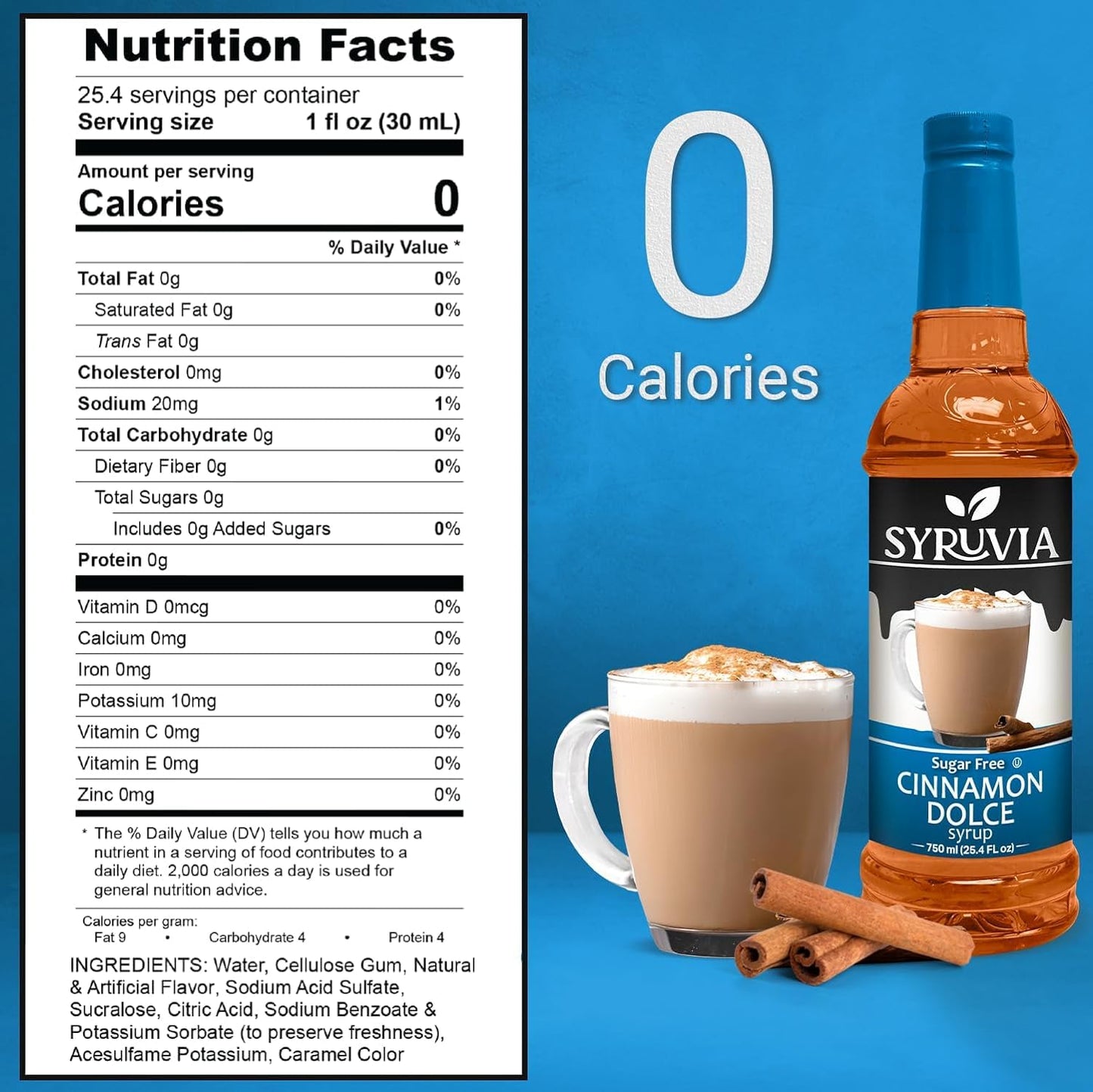 Syruvia Sugar-Free Cinnamon Dolce Syrup - 25.4 fl oz. Premium Coffee Flavoring Syrup. 0 Calories, Kosher, and Gluten-Free. Perfe