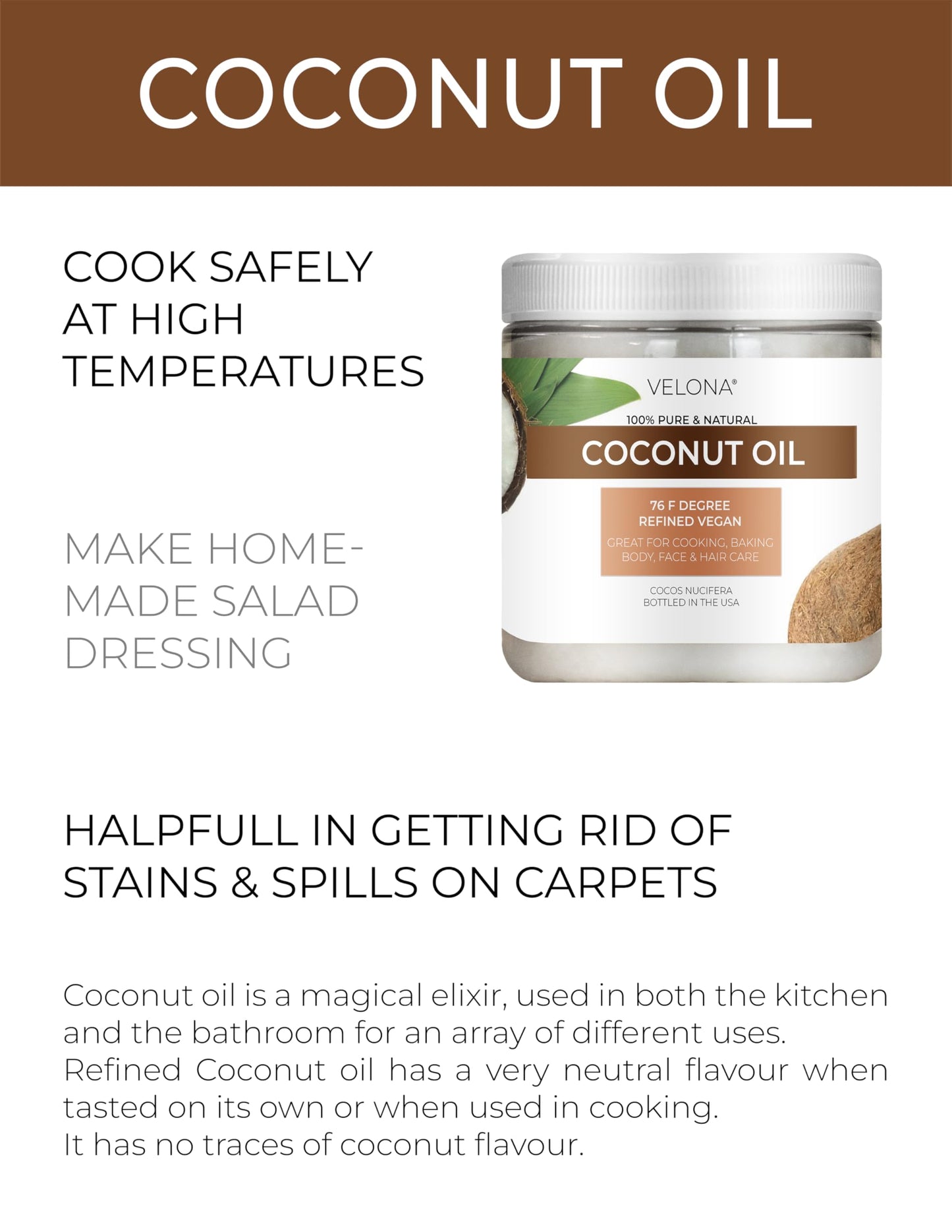 Velona Coconut Oil 76 Degree 16 Fl Oz | 100% Pure And Natural Carrier Oil | In Jar | Refined, Cold Pressed | Skin, Face, Body, H