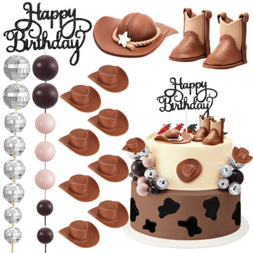 RoundFunny 26 Pcs Cowgirl Cake Decorations Cowgirl Cake Topper Disco Decorations Hat Topper Western Cowboy Birthday Baby Shower 