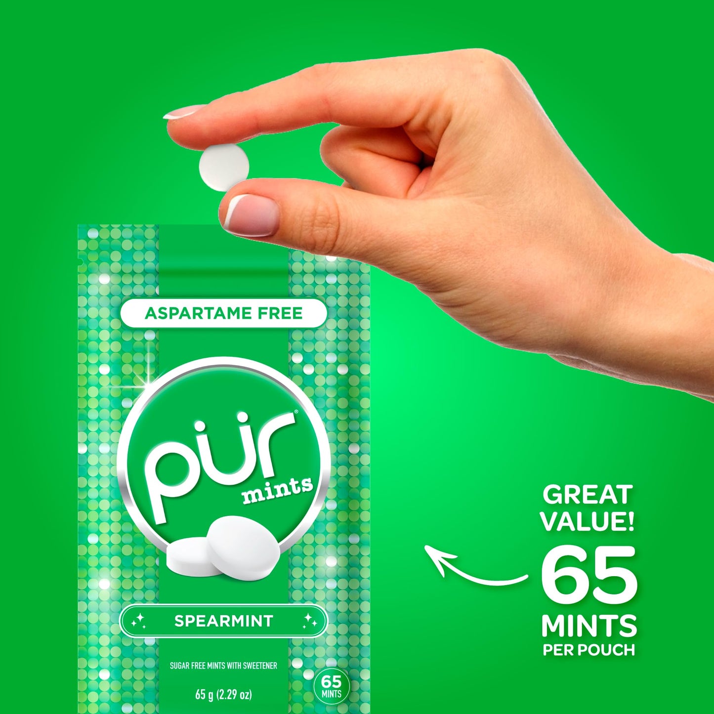 PUR Mints | Aspartame Free Breath Mints | Made with Xylitol | Sugar Free  Vegan  Gluten Free | Natural Spearmint Flavor | 65 Pieces in Re-Sealable pouch (Pack of 1)