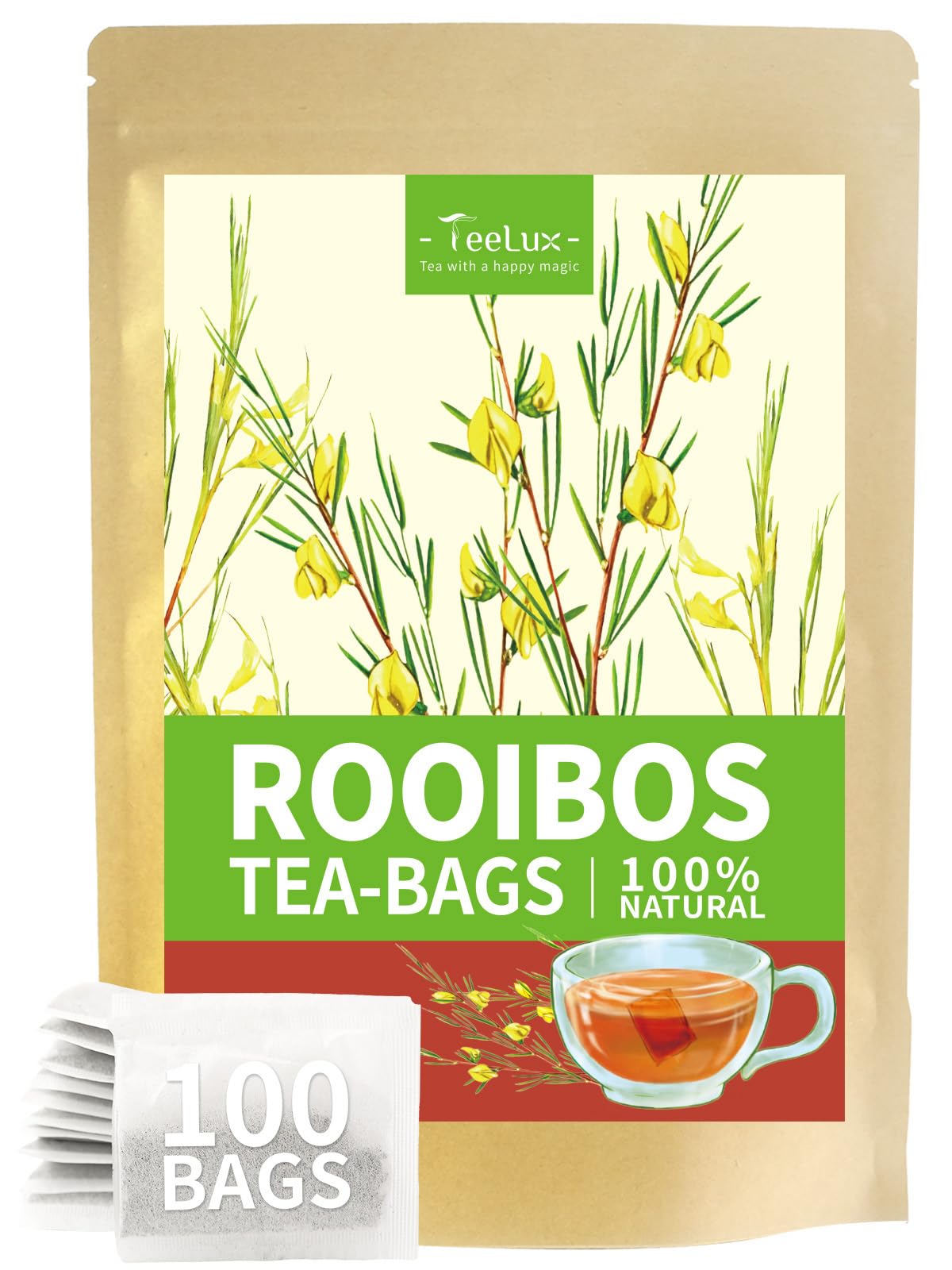 TeeLux Rooibos Tea Bags, Premium Herbal Tea, Caffeine-free, Fruity Sweet Flavor, 100 Count