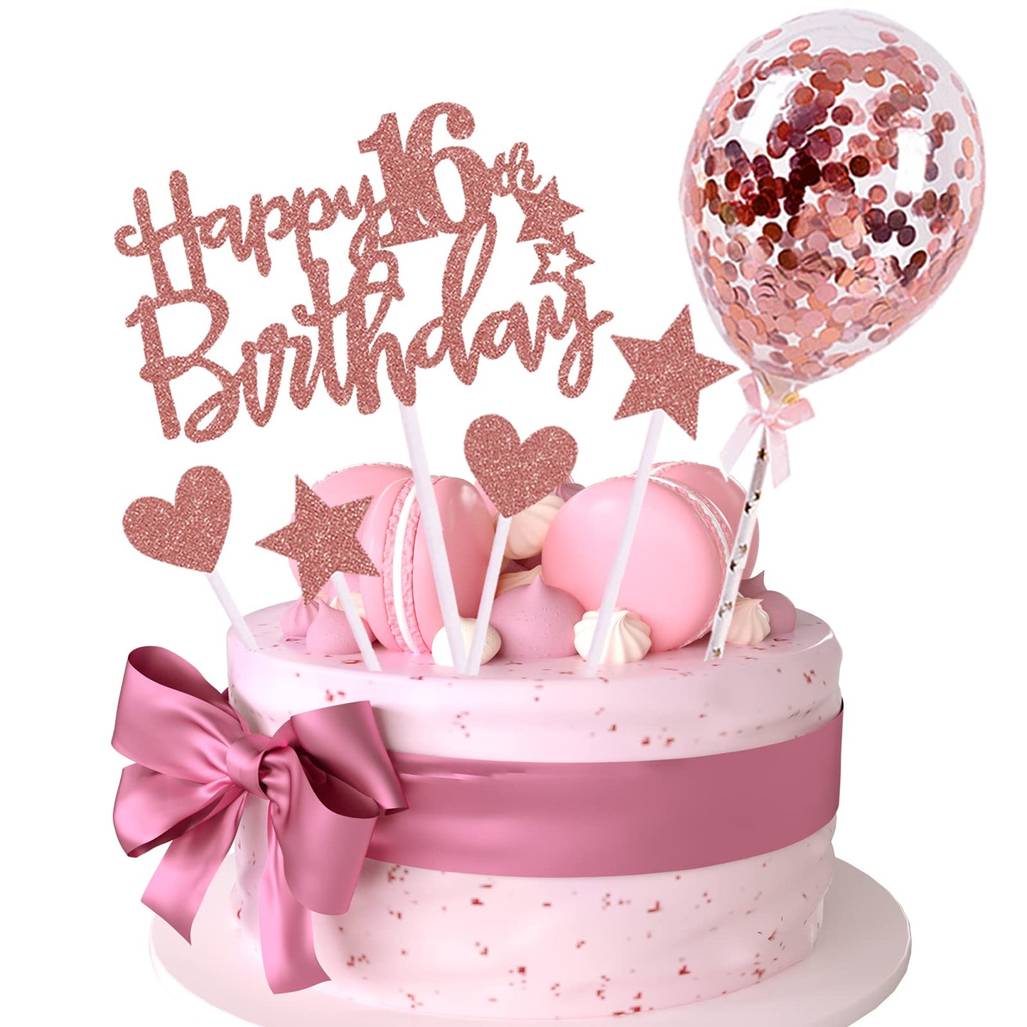 Iealods 16Th Happy Birthday Cake Topper, Rose Gold Glitter 16Th Birthday Cake Topper With Balloon Cake Topper For Girl Birthday