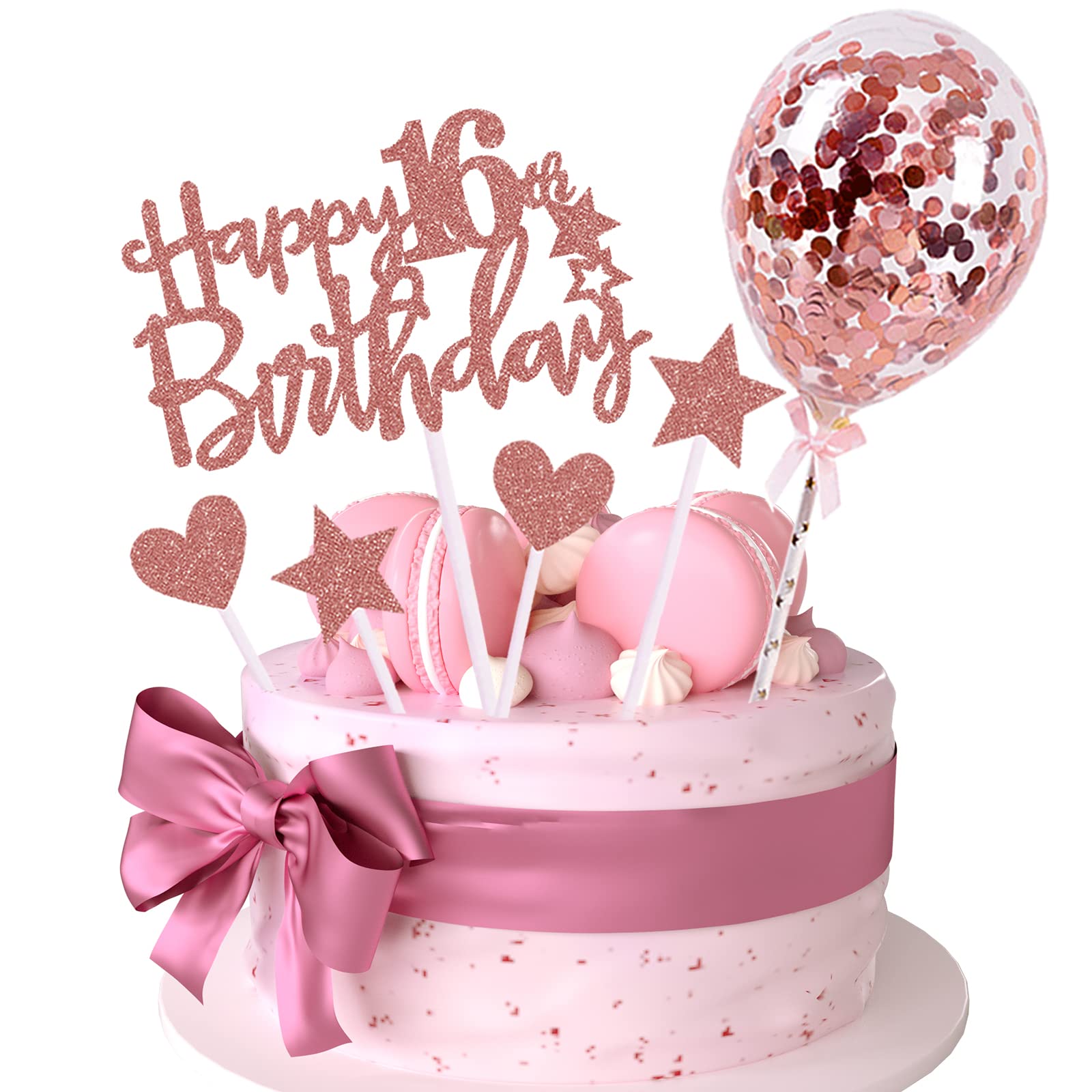Iealods 16Th Happy Birthday Cake Topper, Rose Gold Glitter 16Th Birthday Cake Topper With Balloon Cake Topper For Girl Birthday
