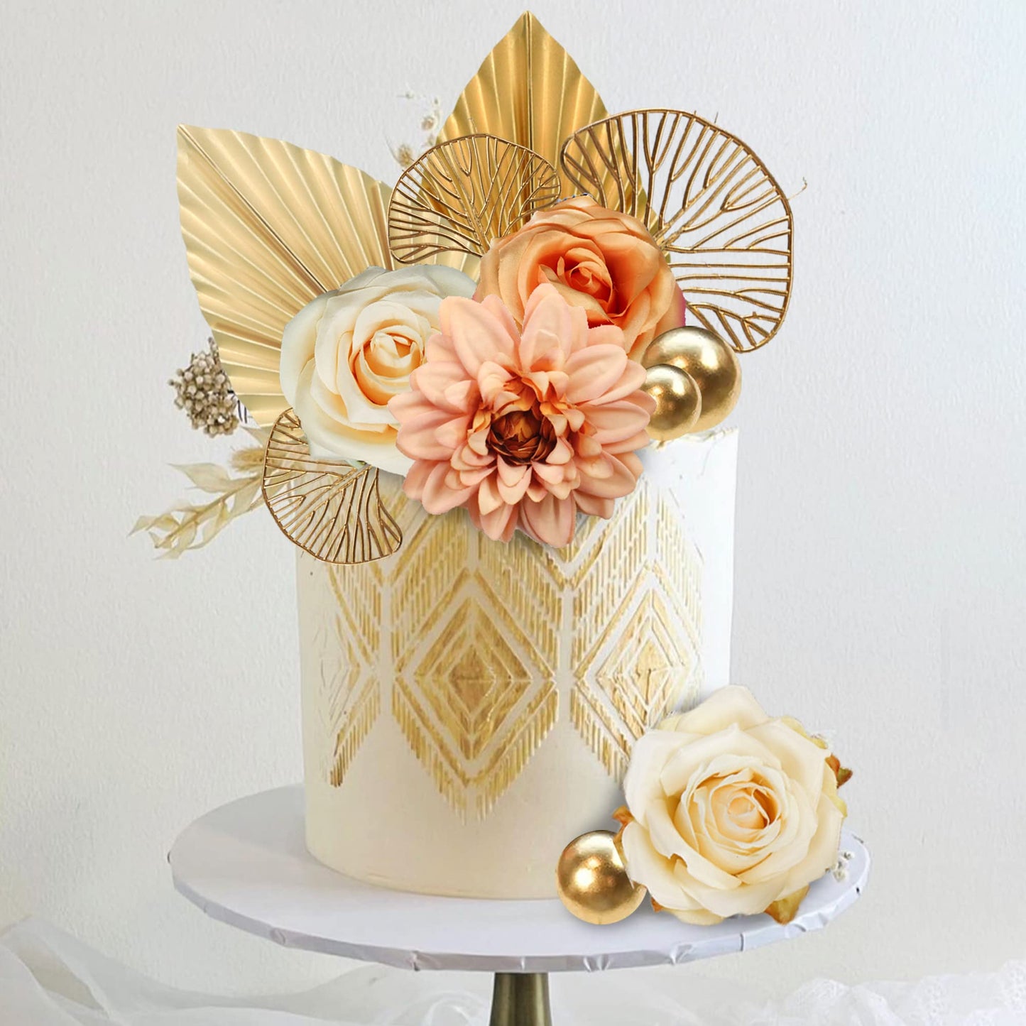 Drwate Cake Topper, 11Pcs Boho Flower Gold Leaves Cake Decorations For Wedding Baby Shower Birthday Party Supplies