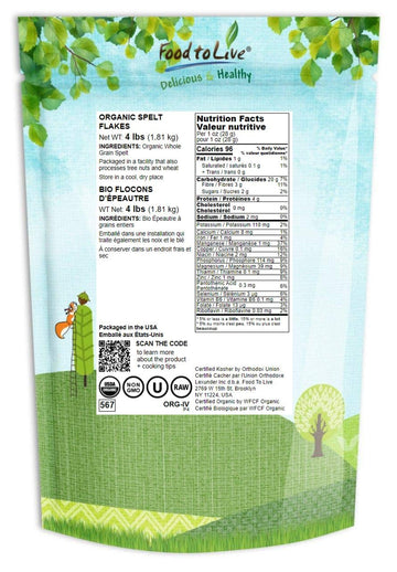 Food To Live Organic Spelt Flakes, 4 Pounds - Rolled Spelt Made From Whole Grain Non-Gmo Berries, Uncooked, Raw Whole Foods, Vegan, Kosher, Bulk, Great For Breakfast Cereal And Granola.