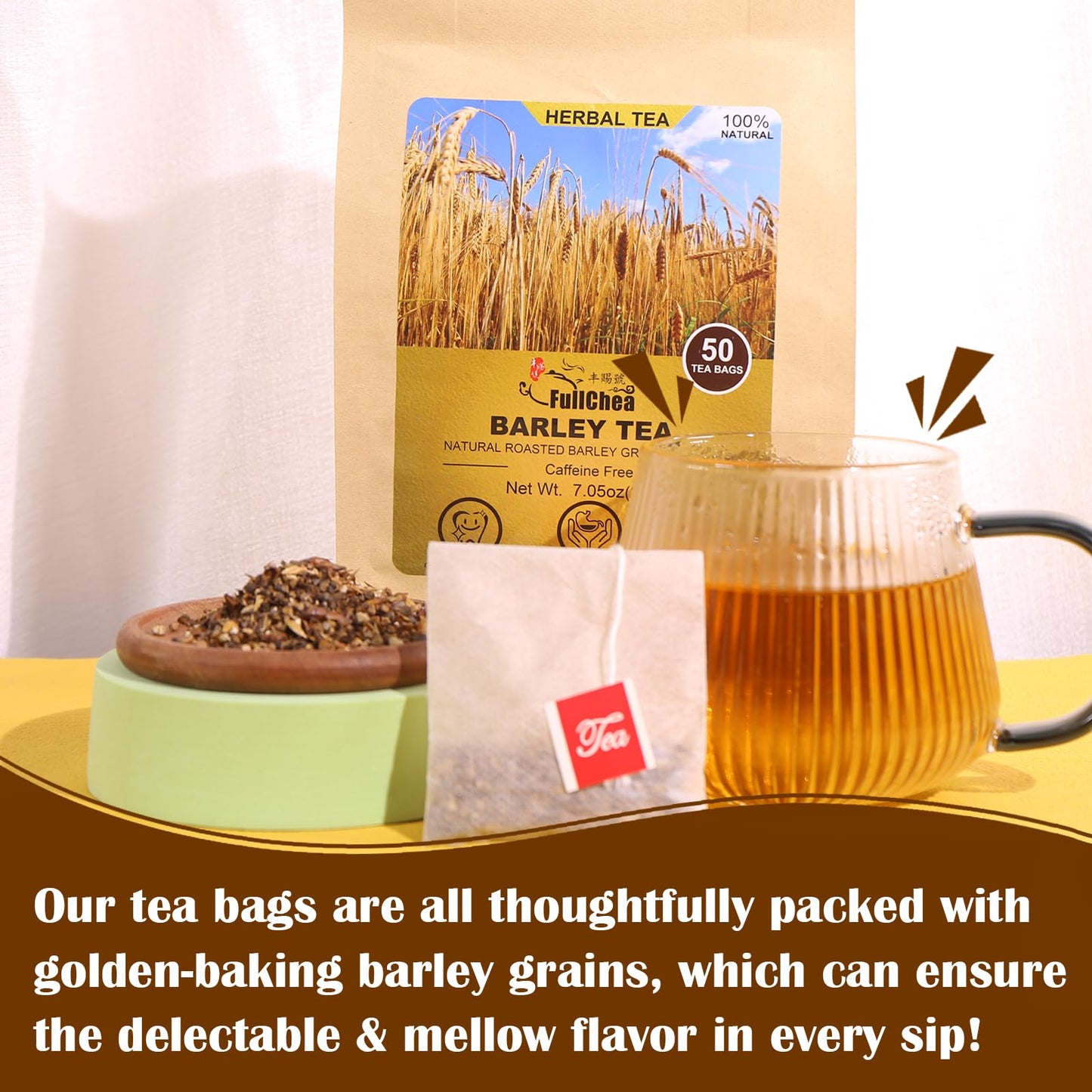 FullChea Barley Tea - Premium Roasted Barley Grain, Caffeine-Free, 50 Count