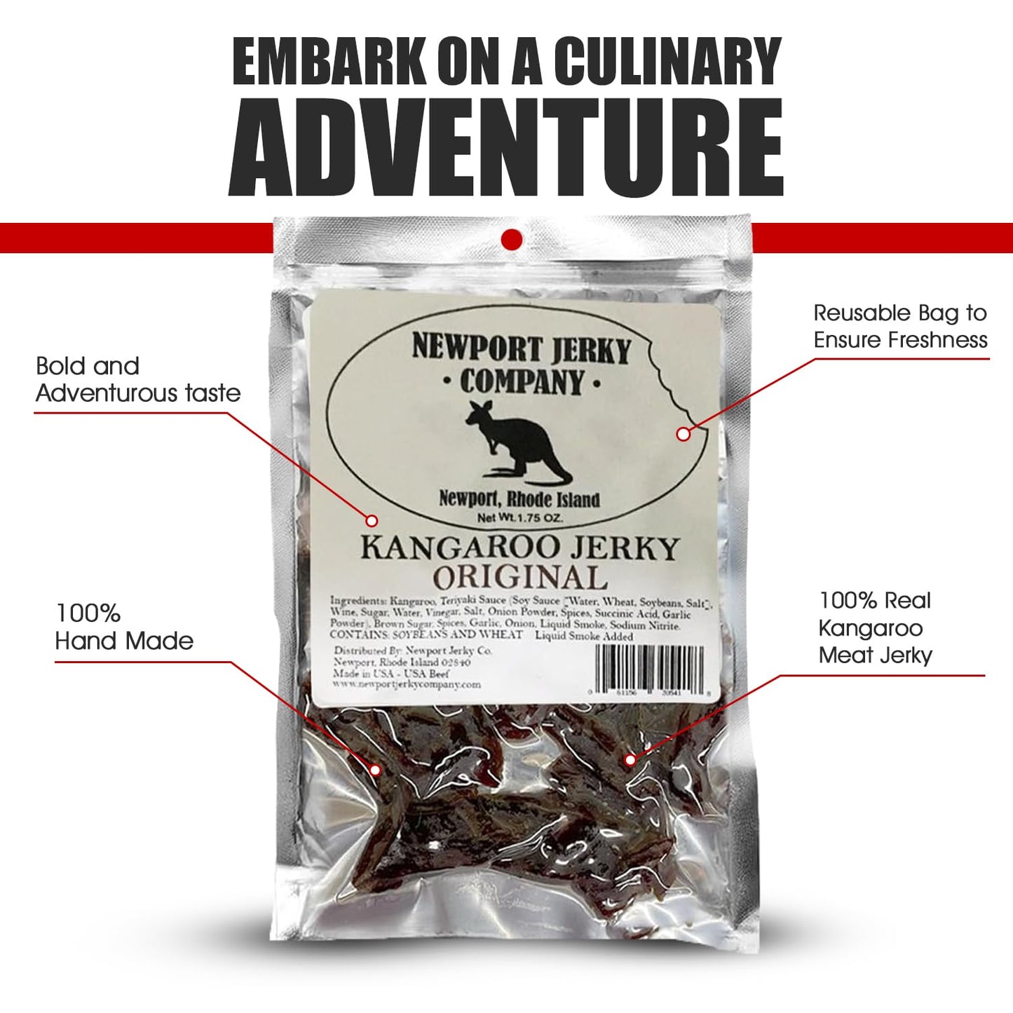 NEWPORT JERKY COMPANY Kangaroo Jerky | Handmade Gourmet | 1.75 Ounce Pack