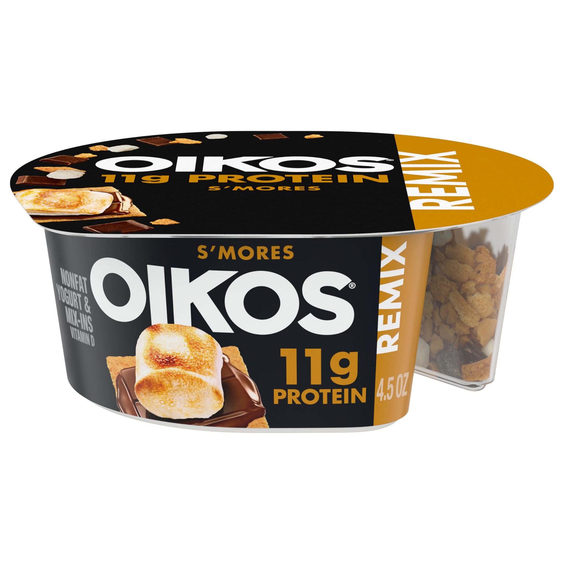 Oikos REMIX Smores Vanilla Nonfat Greek Yogurt with Graham Cookies, Dark Chocolate and Toasted Marshmallow Bark Mix-Ins, Delicio