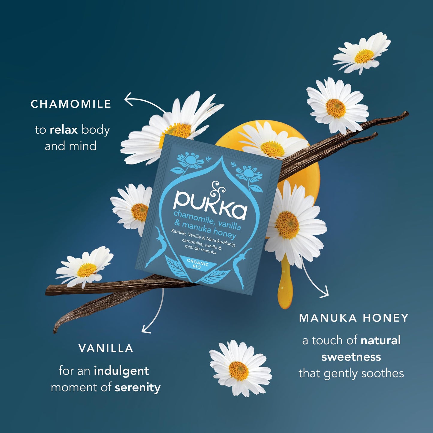 Pukka Calming Chamomile  Vanilla & Manuka Honey Organic Herbal Tea  Soothing Organic Tea Infusion S  Honey & Fennel Blend  Caffeine Free  80 Total Bags (20ct - Pack of 4)