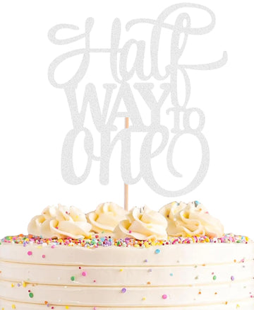 AHAORAY Half Way To One Cake Topper - Silver Glitter 6 Months Birthday Decorations Supplies - Half Birthday Decorations Baby Gir
