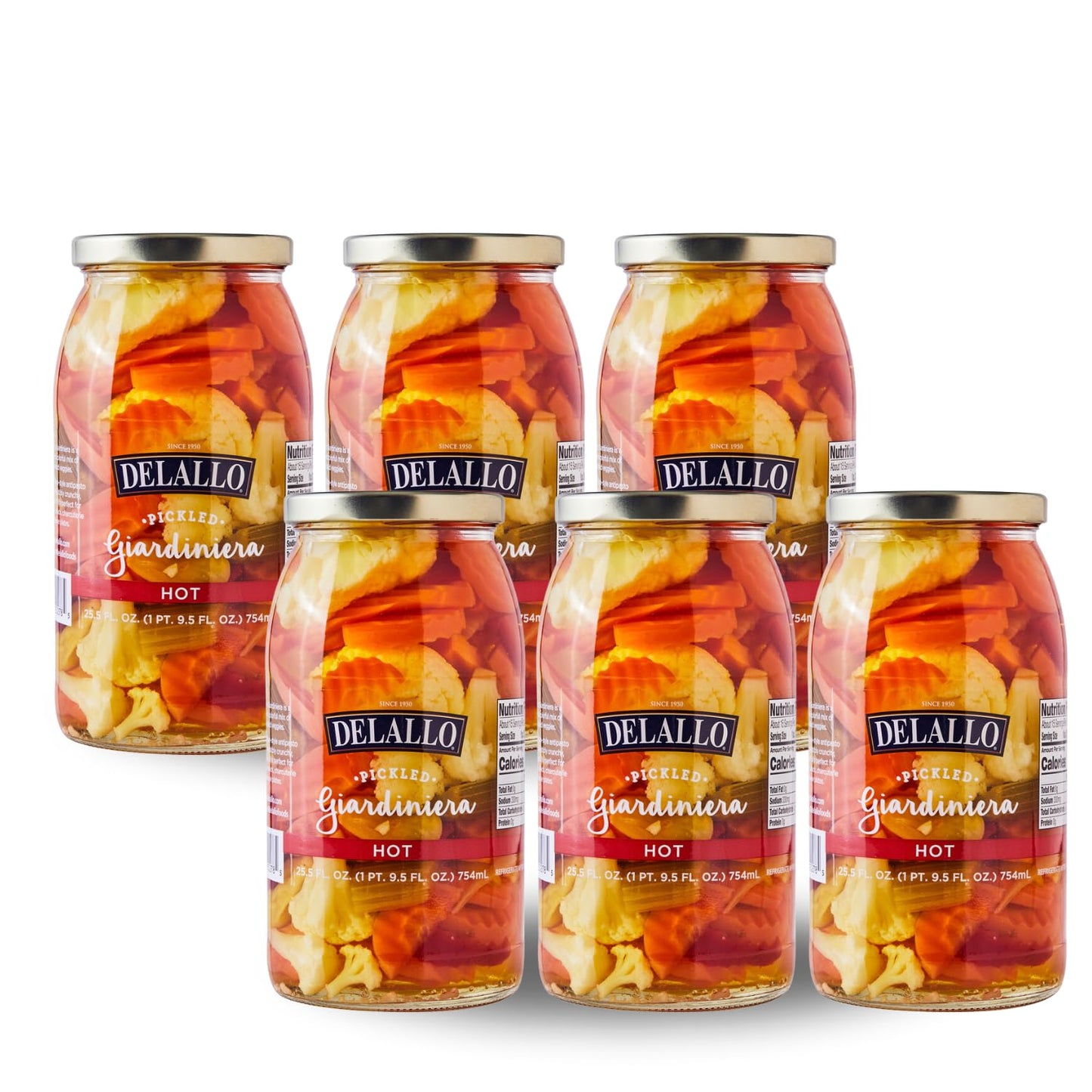DeLallo Hot Giardiniera, 25.5 Ounce Jar, (6 Pack), Spicy Hot Mixed Vegetable Condiment for Sandwiches and Burgers, 100% Cured, G